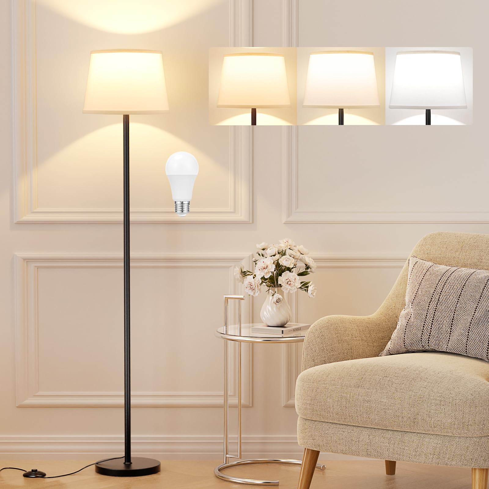 Raexpectis Floor Lamps for Living Room - 3 Color Temperatures Standing Lamp with White Shade, Modern Floor Lamp with LED Bulbs, 