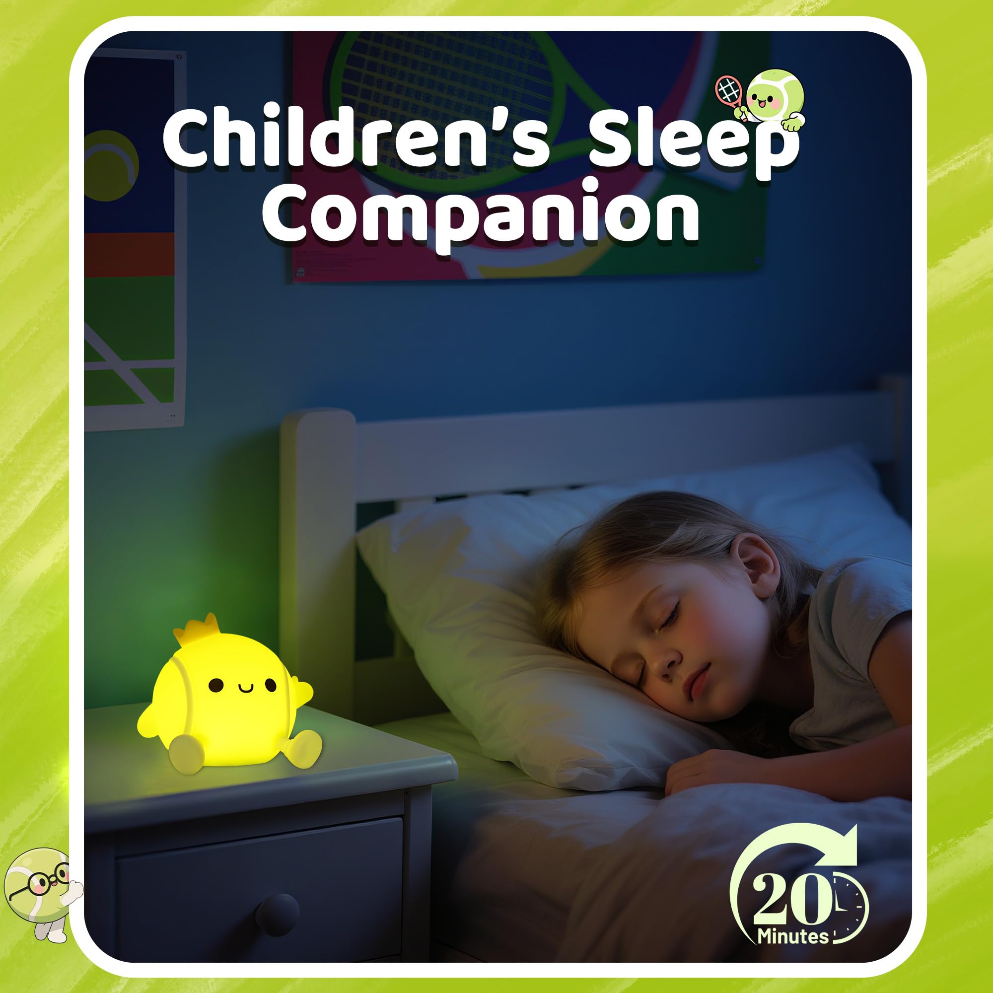 Attivolife Tennis Night Light - Rechargeable LED Touch Lamp, Green Tennis, Silicone, Model FS-FULE01, Perfect Gift for Kids and Athletes