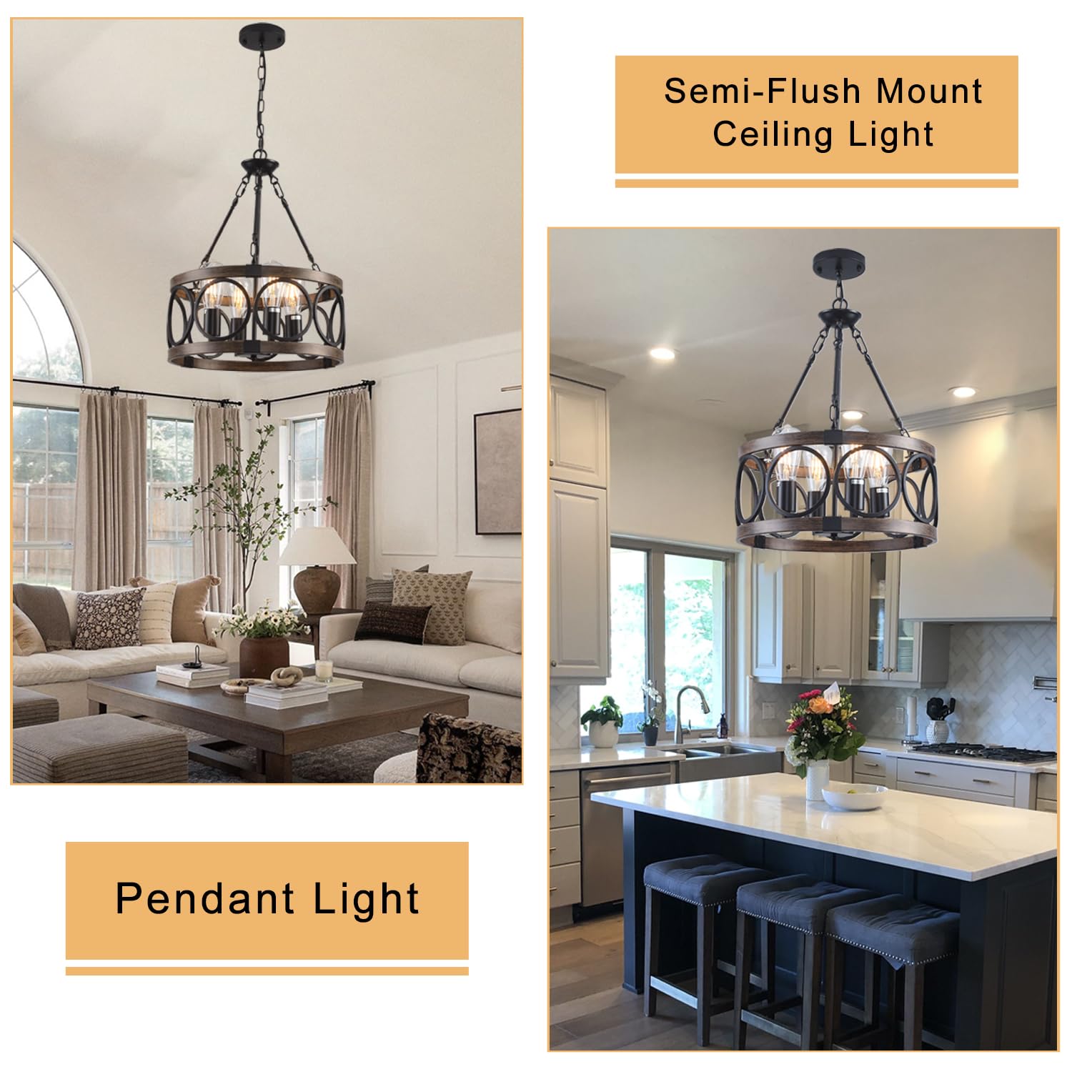 Shiandar Light Fixtures Ceiling Mount Kitchen, 4 Light Black Semi Flush Mount Ceiling Light Fixture,Modern Dining Room Chandelier Over Table,Vintage Farmhouse Chandelier For Dining Room