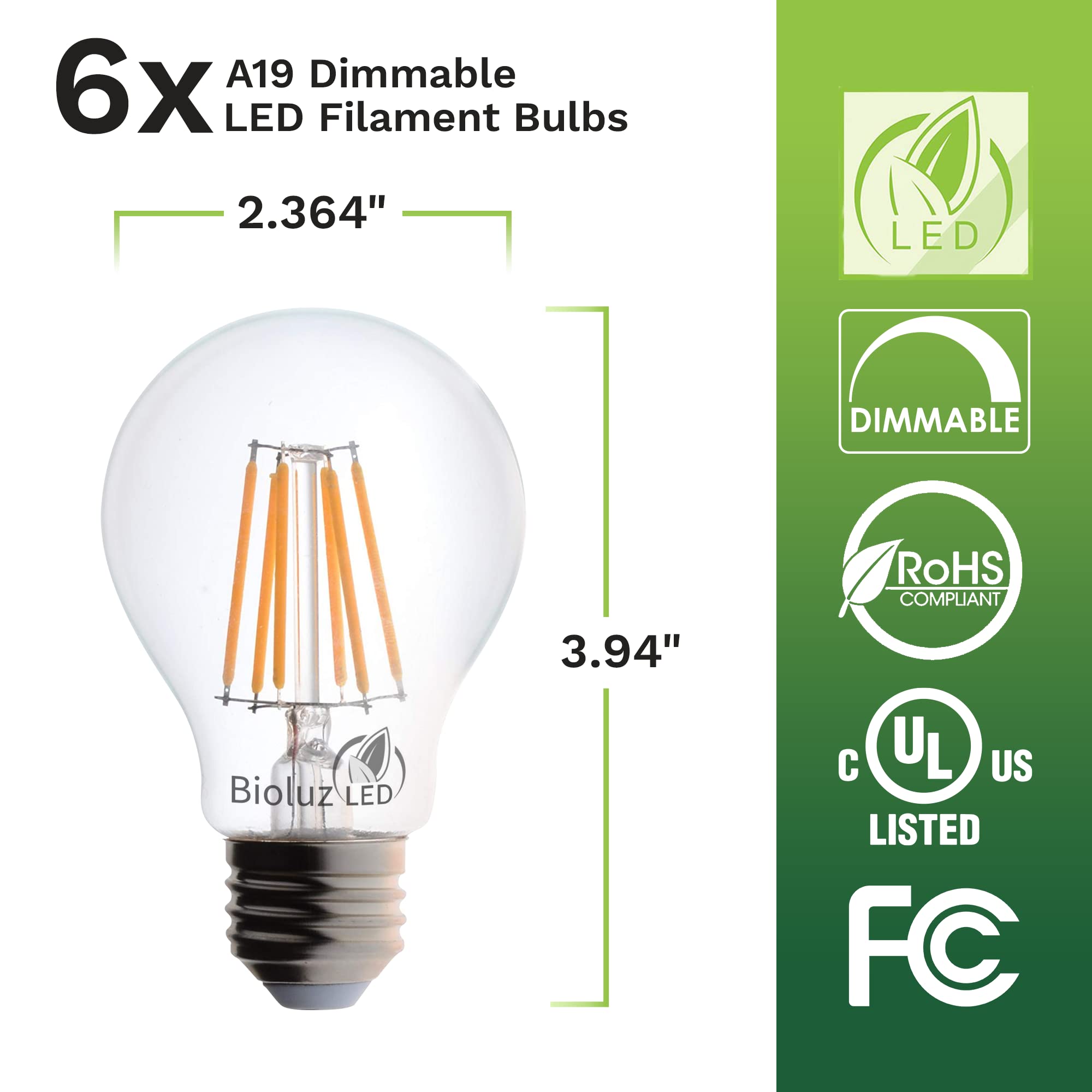 Bioluz LED 60W Dimmable Edison Bulbs, 92 CRI, Warm White, Glass, 6-Pack