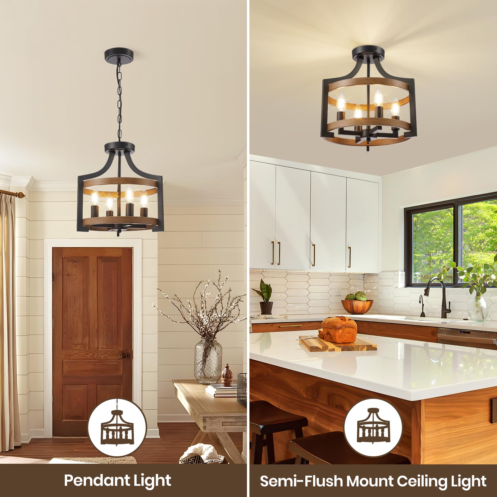 Hoxiya Farmhouse Chandelier, Convertible Semi Flush Mount Ceiling Light, 4 Light Modern Hanging Pendant Lighting, Black And Faux