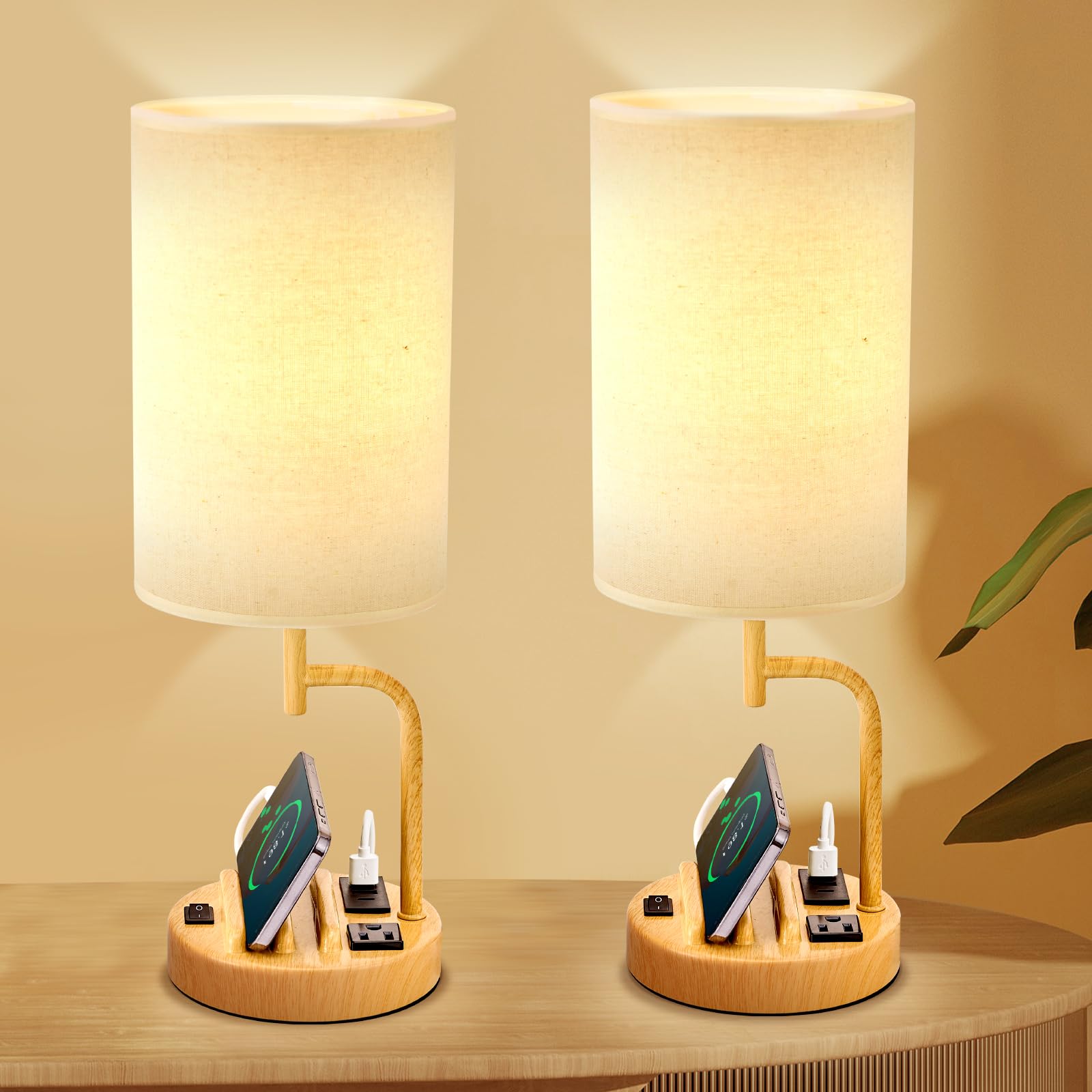 Dreamholder Table Lamp with 3 USB Ports, AC Outlet, Phone Stands, 6.1in Round, Cream Linen Shade, Model DH9099, Pack of 2