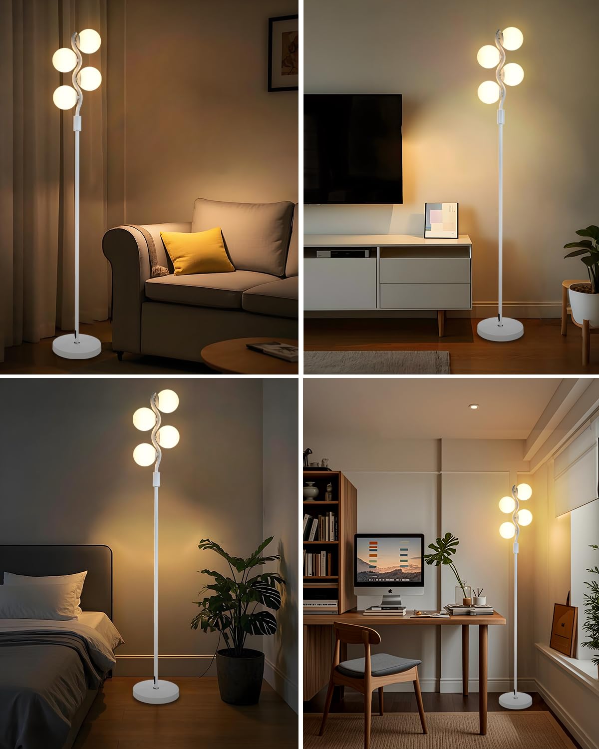Lightdot 64In Dimmable (Brightness Adjustable) Globe Floor Lamp, White Pole Standing Lamps 3000K 4Pcs G9 Bulbs Soft Warm White E