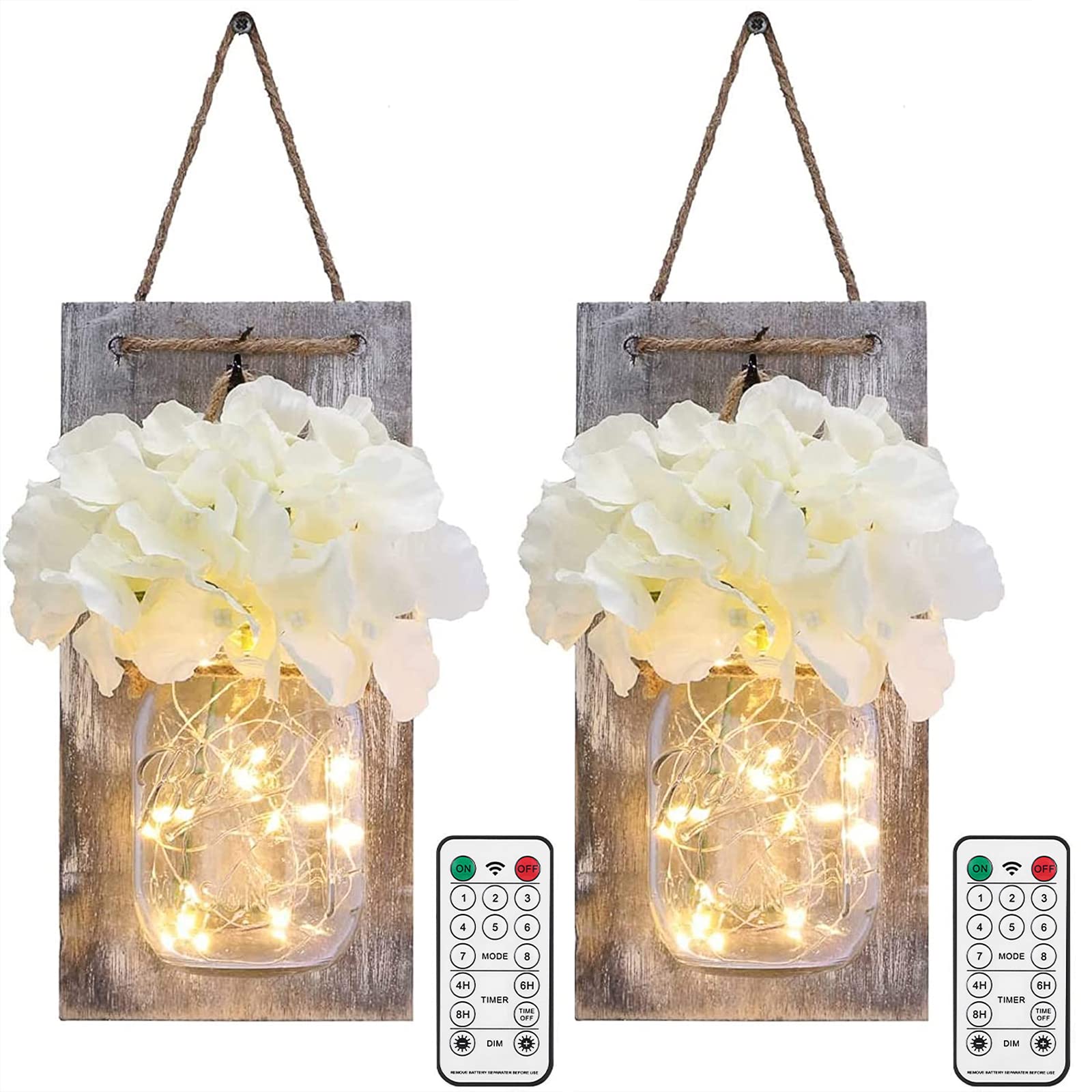 Lightess Mason Jar Wall Lights With Remote Control, Rustic Bedroom Wall Decor, Hanging Battery Powered Jar Sconce With Led Fairy