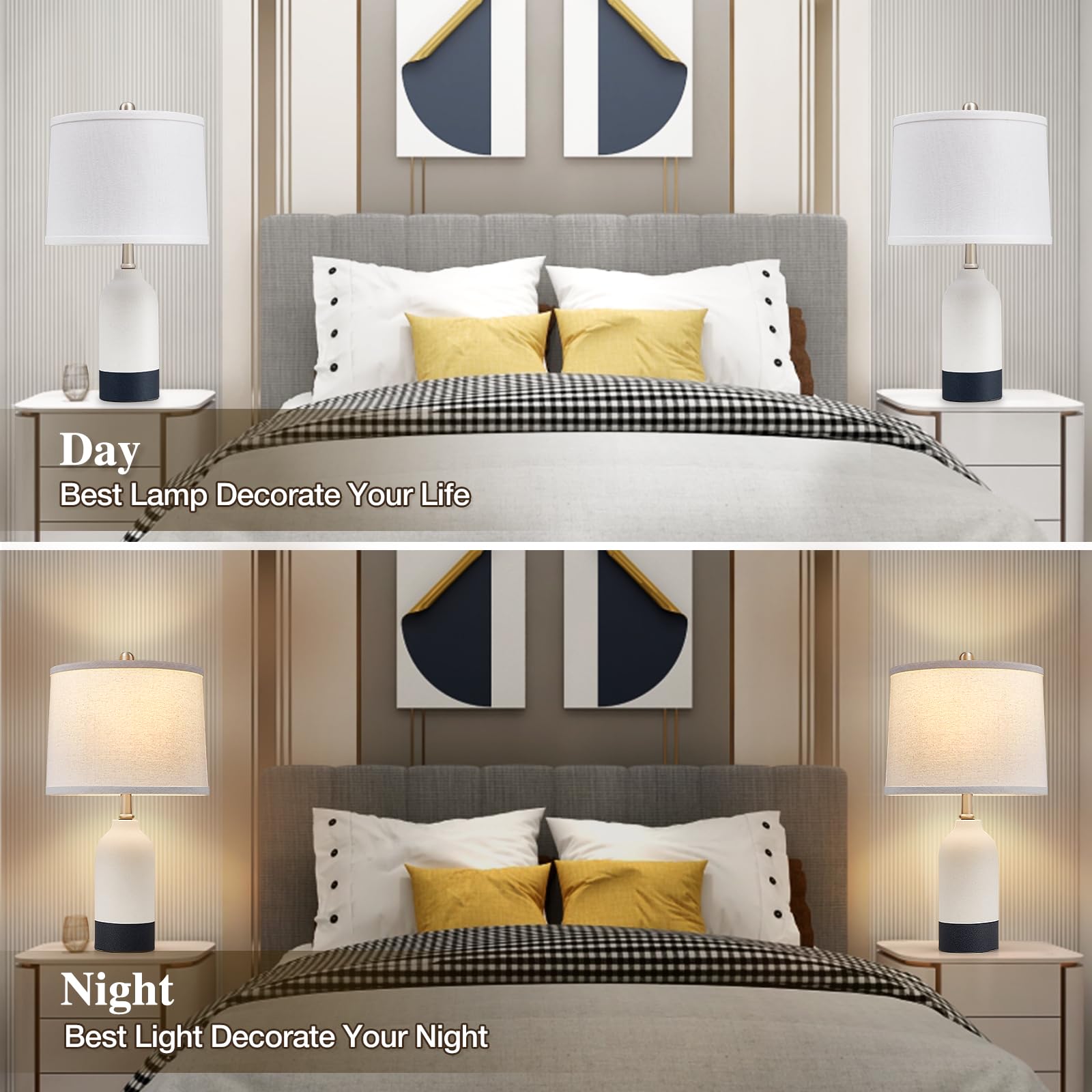 Luvkczc Modern Ceramic Table Lamps Set of 2, 21.4", Black+White, Fabric Drum Shade, 3-Color Temperature, 2 Bulbs Included