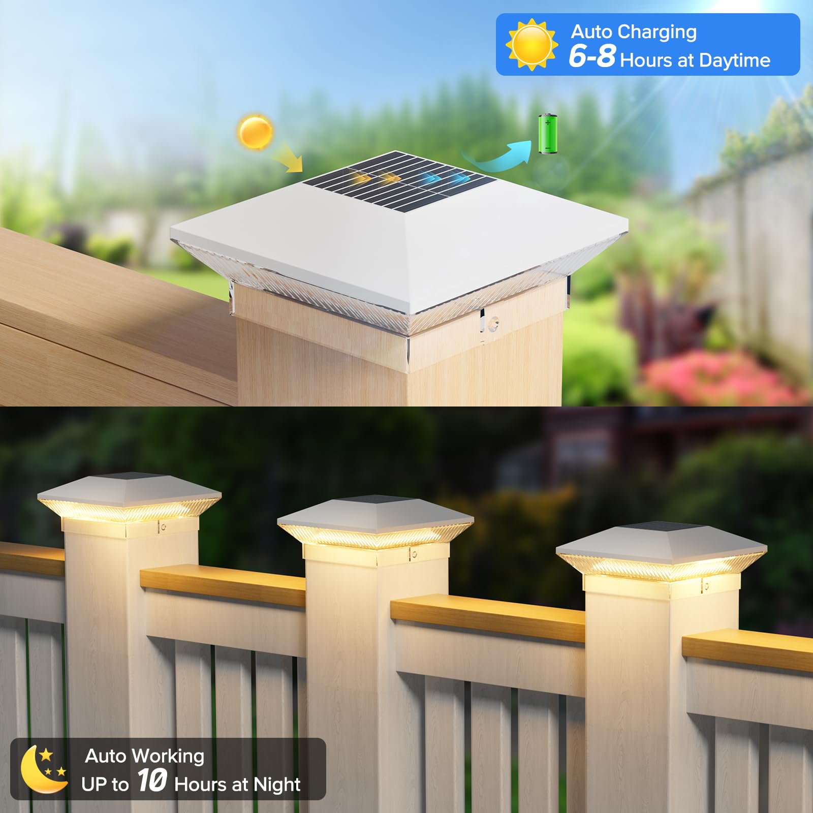 LETMY Solar Post Cap Lights 6 Pack, 40 LEDs, 3 Modes, Waterproof, White, Fits 4x4 & 3.5x3.5 Vinyl/Wooden