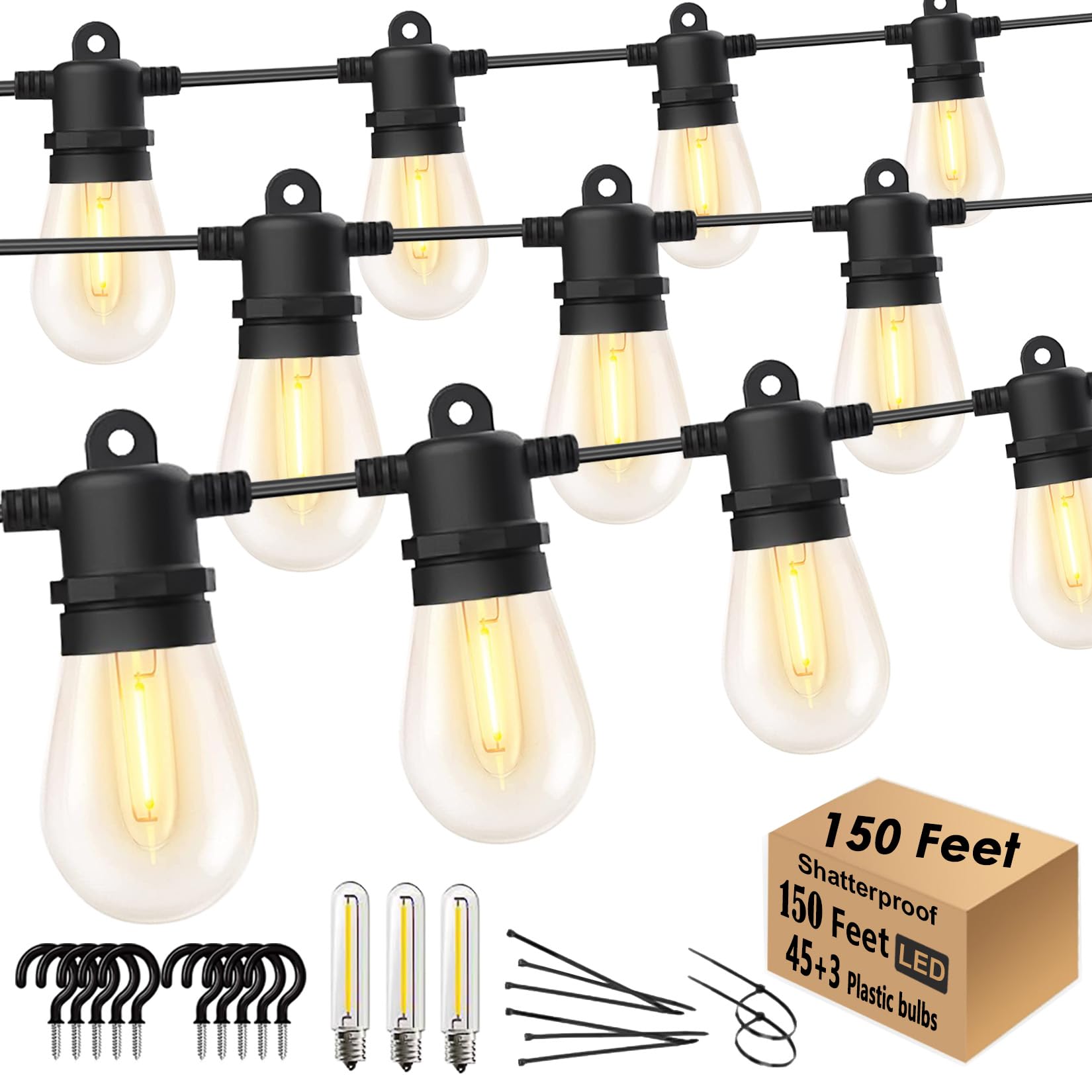 Skeerei Outdoor String Lights Waterproof 150Ft Patio Lights With Shatterproof 2700K Plastic Bulbs String Lights For Outside Bistro Gazebo Pergola Café Market Lights, 3-Pack