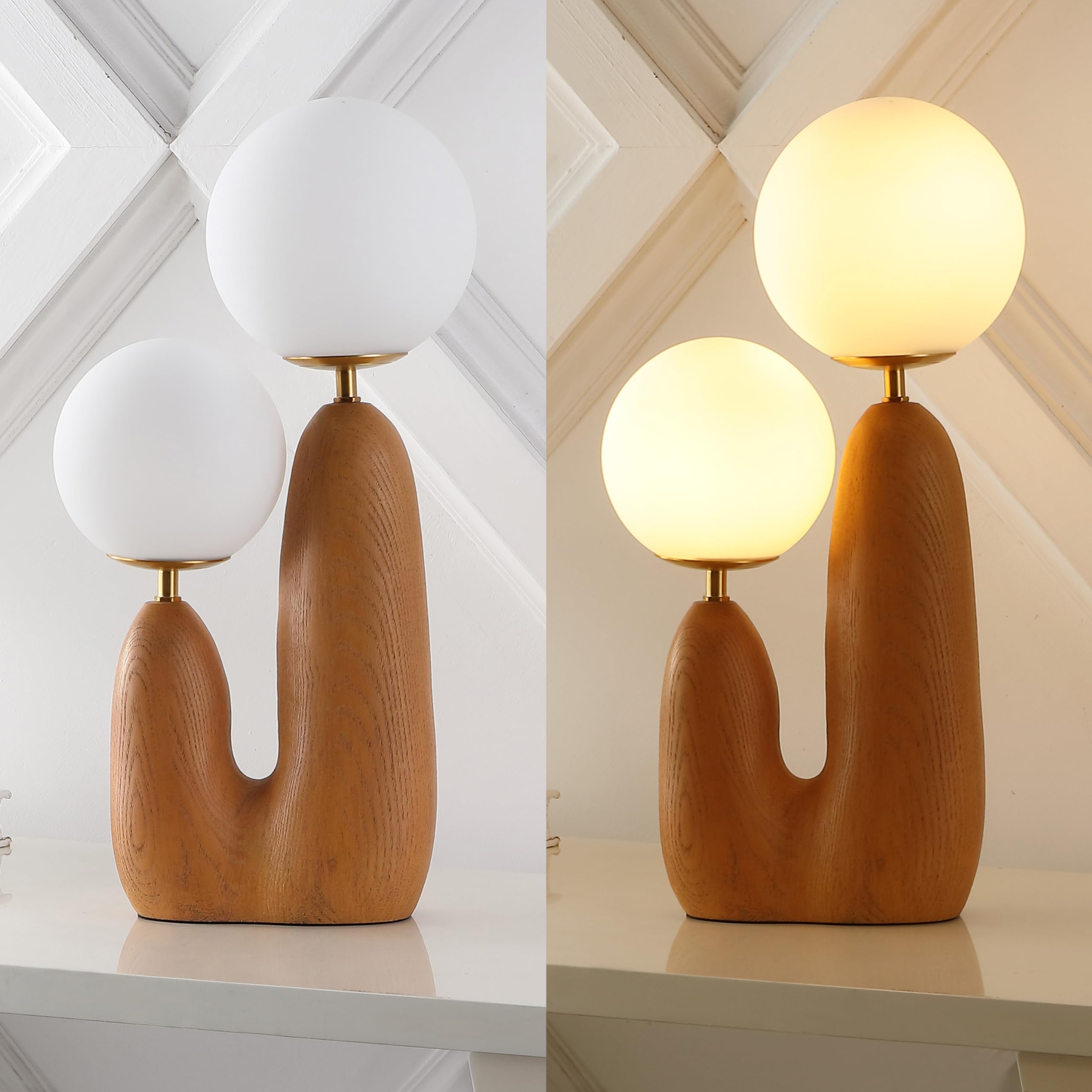 Jonathan Y Jyl4065A Oda 17.75'' 2-Light Modern Bohemian Resin/Iron/Frosted Glass Danish Cactus Led Table Lamp, Brown Wood Finish