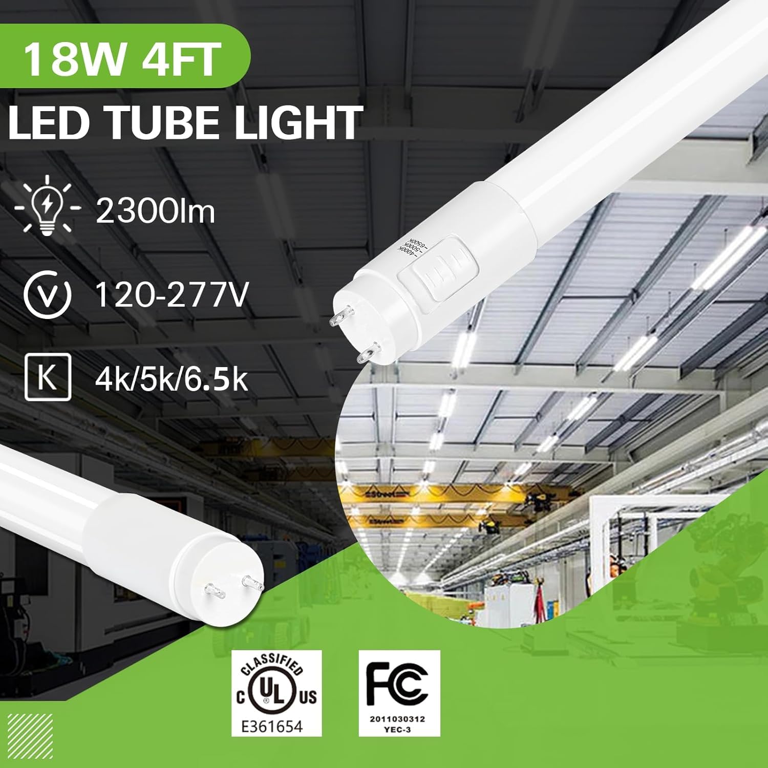 Hykolity 20 Pack 4FT LED T8 Hybrid Light Tube, 18W, 3CCT Selectable, Plug & Play/Ballast Bypass, 2300lm