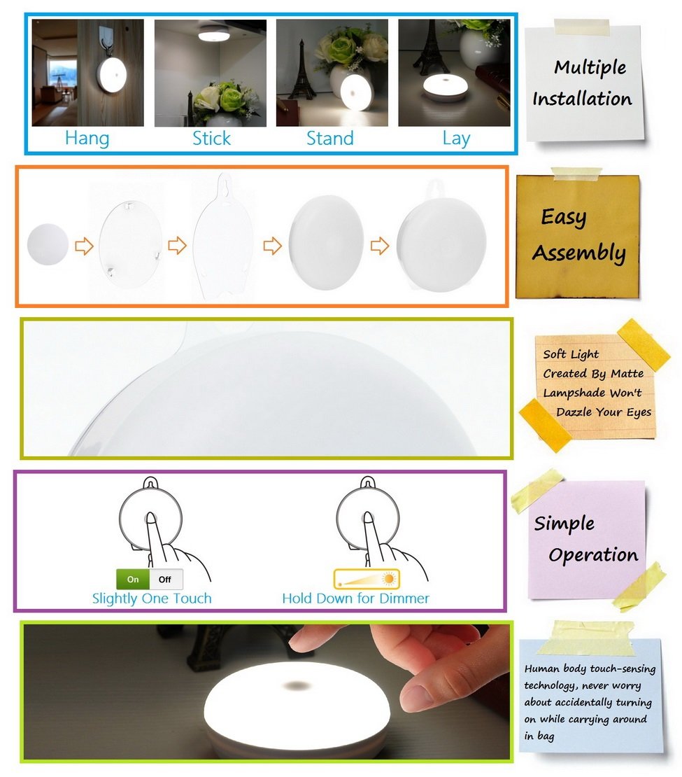 RTSU Rechargeable Touch Light, LED Night Lamp with Touch Sensor, Stepless Dimmer, Built-in Battery, White, Model SQ-066
