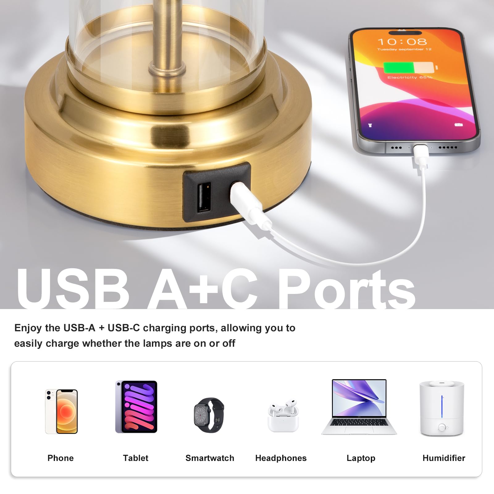 Gold Bedroom Lamps Set Of 2 - Touch Bedside Lamp For Night Stands With Usb C+A, 3 Way Dimmable Nightstand Table Lamps For Living