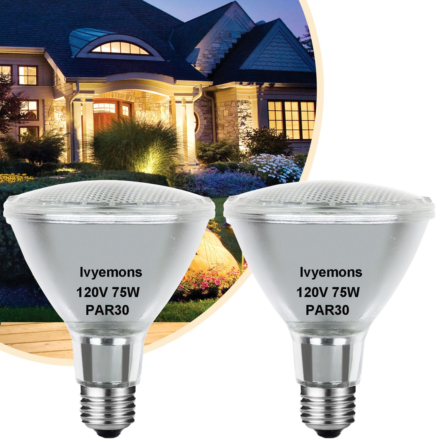 Ivyemons Par30 Long Neck Halogen 75W 120V - 2 Pack Par30 75W 120V Flood Bulb Warm White 2800K, Par 30 Dimmable E26 Base, High Ou