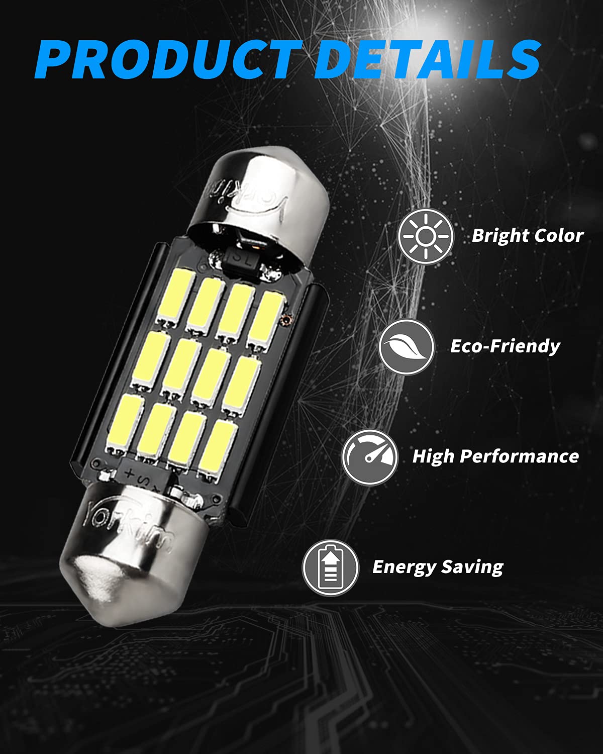 Yorkim 6418 LED Bulb, Festoon 36mm, 12-SMD 4014 Chipsets, 6500K White, Pack of 4, Aluminum