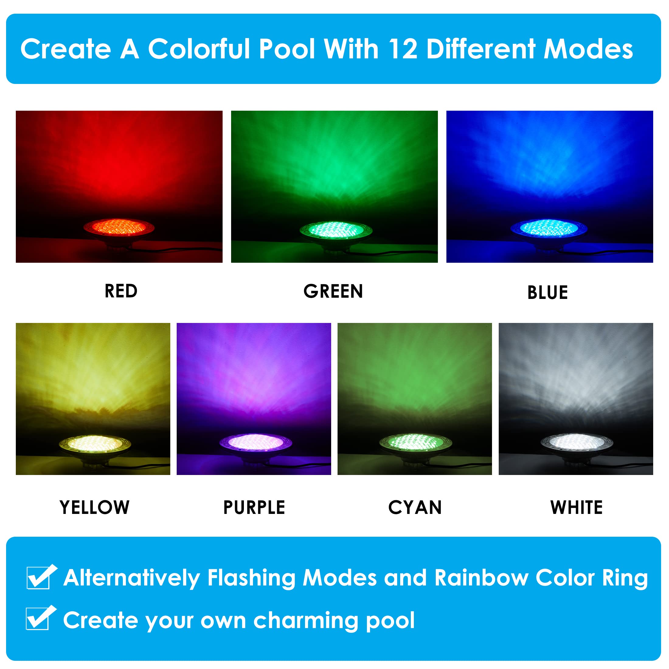 HQUA 120V AC LED RGBW Inground Pool Light, 10" Stainless Steel, UL Listed, 50W with 100ft Cord