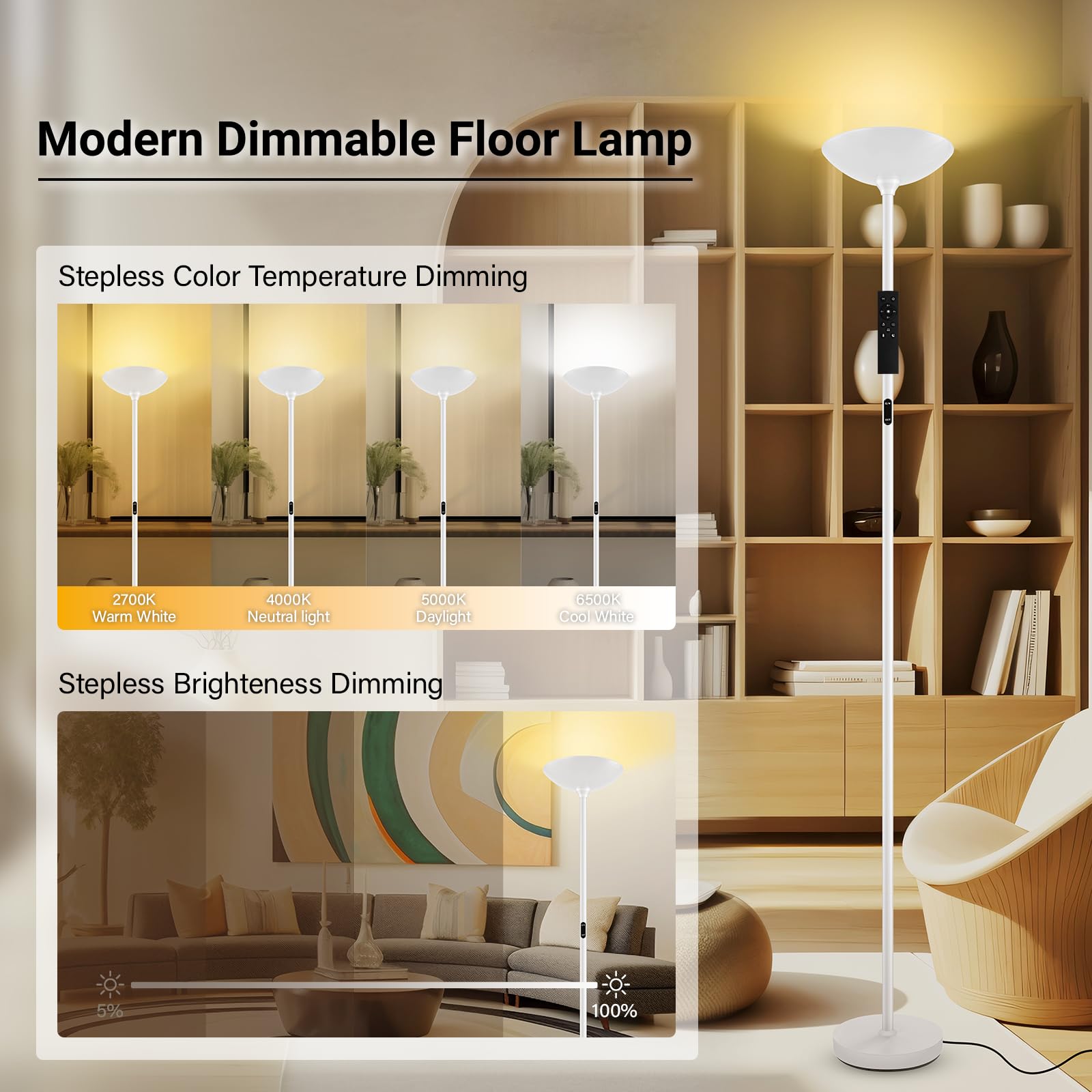 BoostArea Dimmable Floor Lamp, 30W LED Torchiere, 71" Tall, Remote & Touch Control, 2700K-6500K, White, Model B0512