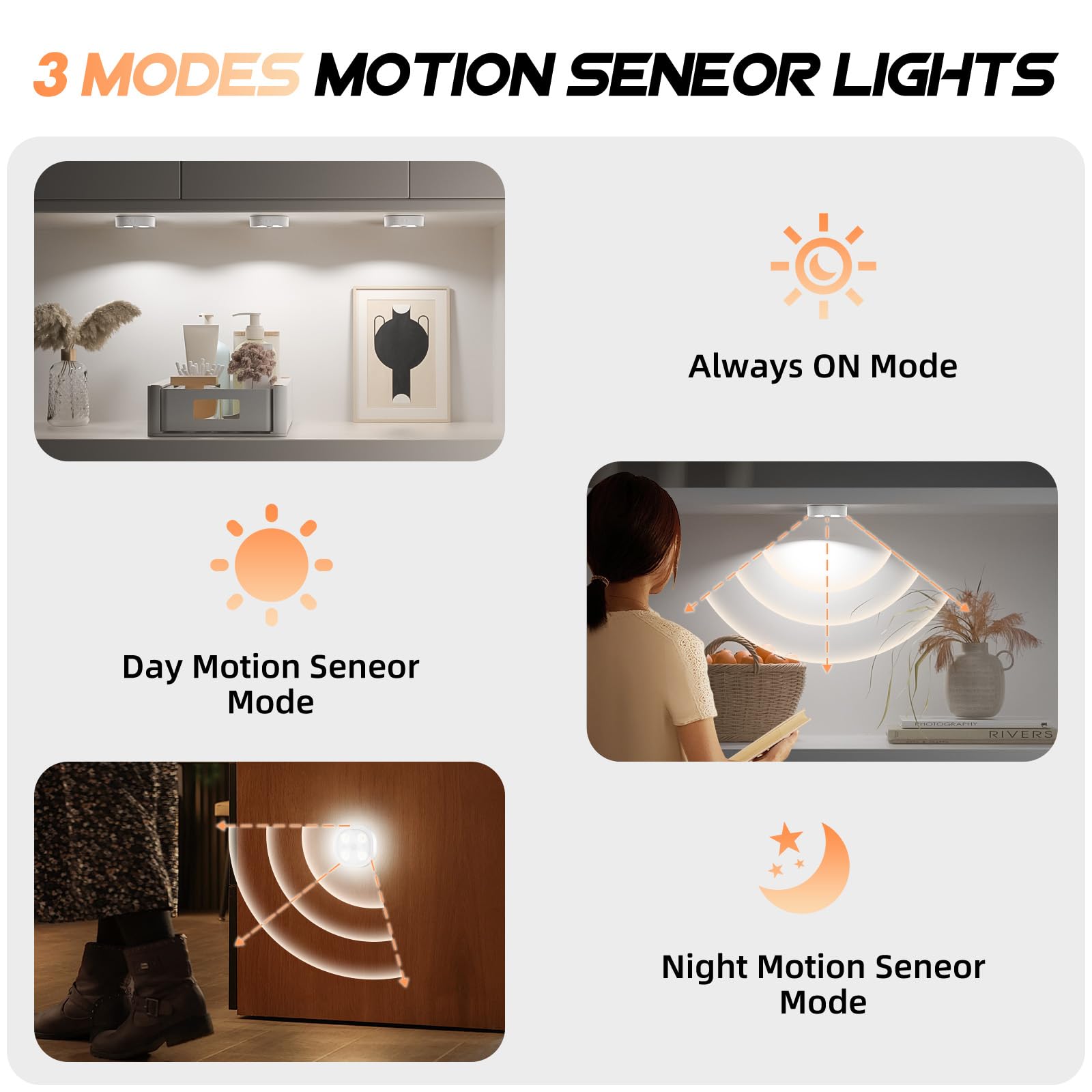 Lightbiz 6PCS Motion Sensor Puck Lights, Wireless Rechargeable, RGB Colors, Under Cabinet, 6 Pack with Stand