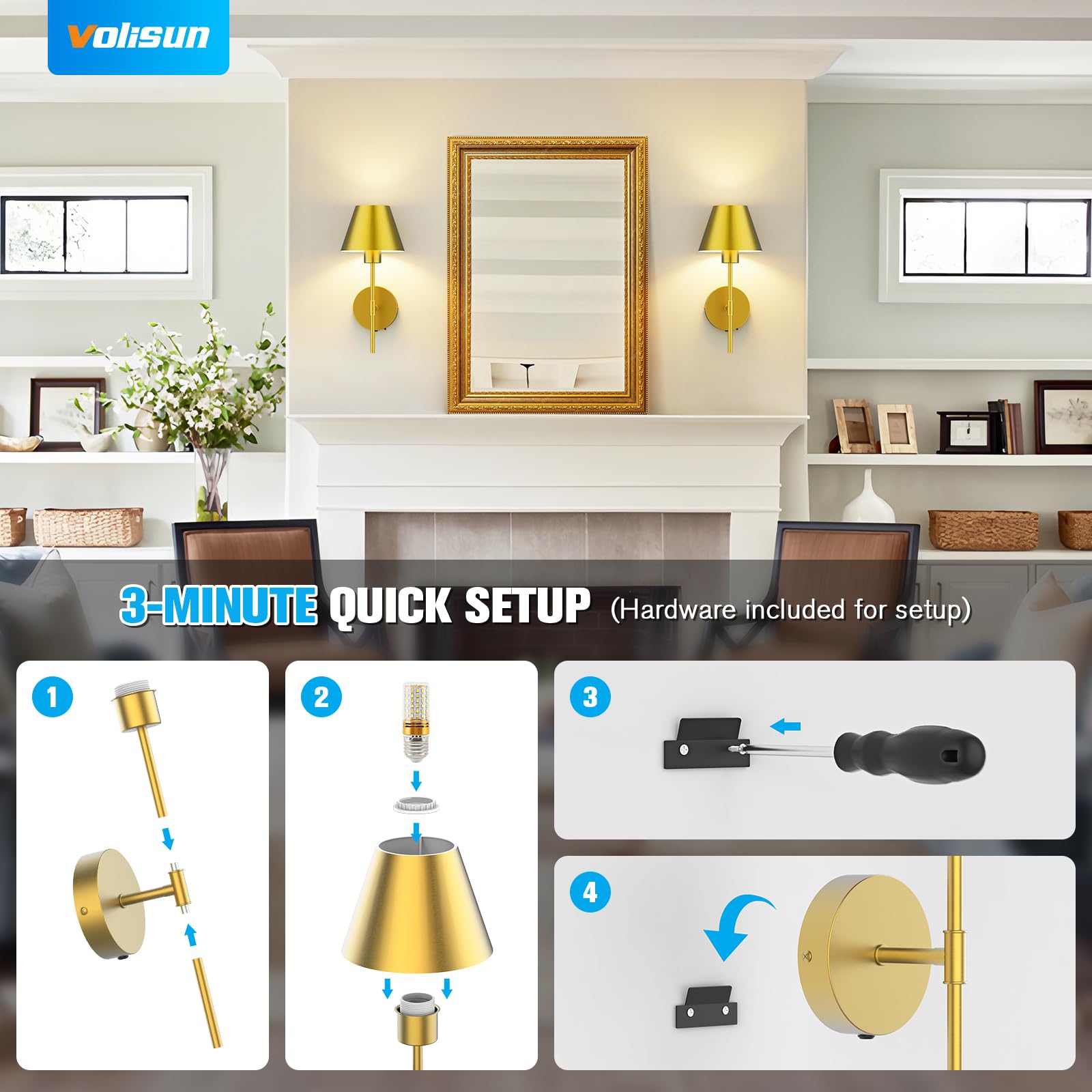 VOLISUN Battery Operated Wall Sconces Set of Two, Brushed Gold, Rechargeable with Remote, LED Lights for Living Room, Bedroom, Hallway