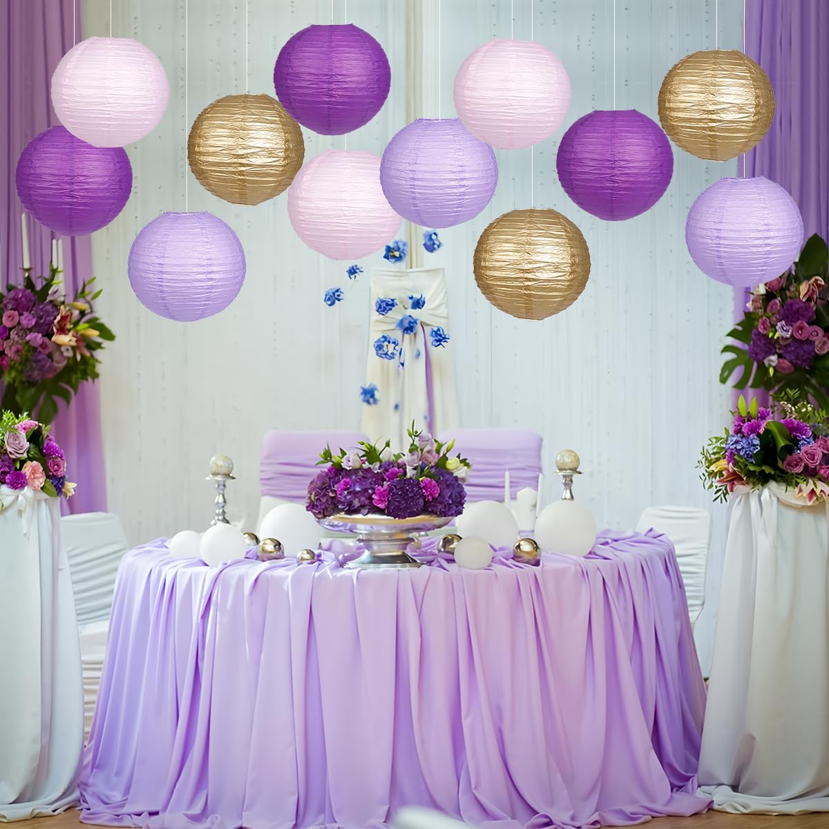Yunxuan Paper Lanterns Purple Gold Round Hanging Chinese Lanterns For Birthday Baby Shower Bachelorette Party Decorations Pack O