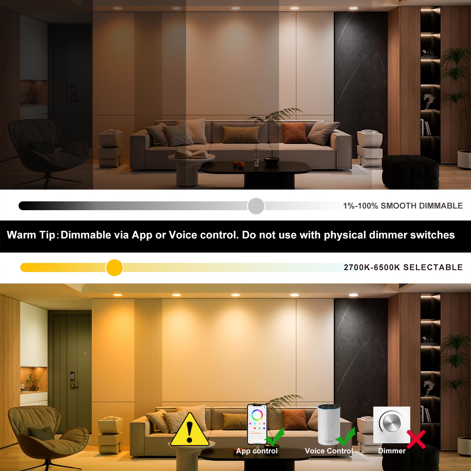 ChangM Smart Recessed Lighting 12W RGBCW Canless Downlight, 4 Inch, Dimmable, Compatible with Alexa, 12 Pack