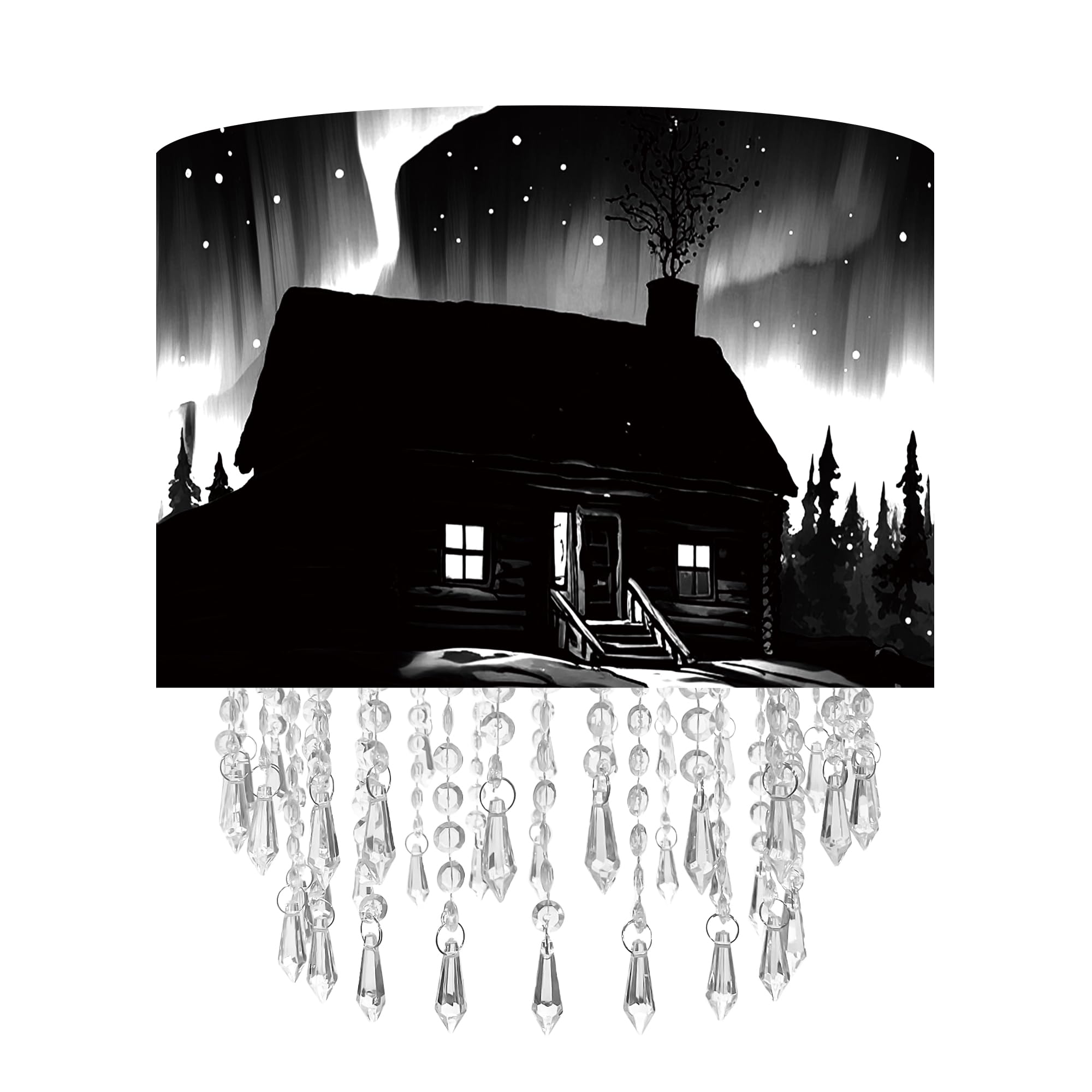 Northern Aurora Cabin Lamp Shade with Acrylic Bead Droplets, Black & White Drum Fabric Light Shade for Pendant Table & Floor Lam