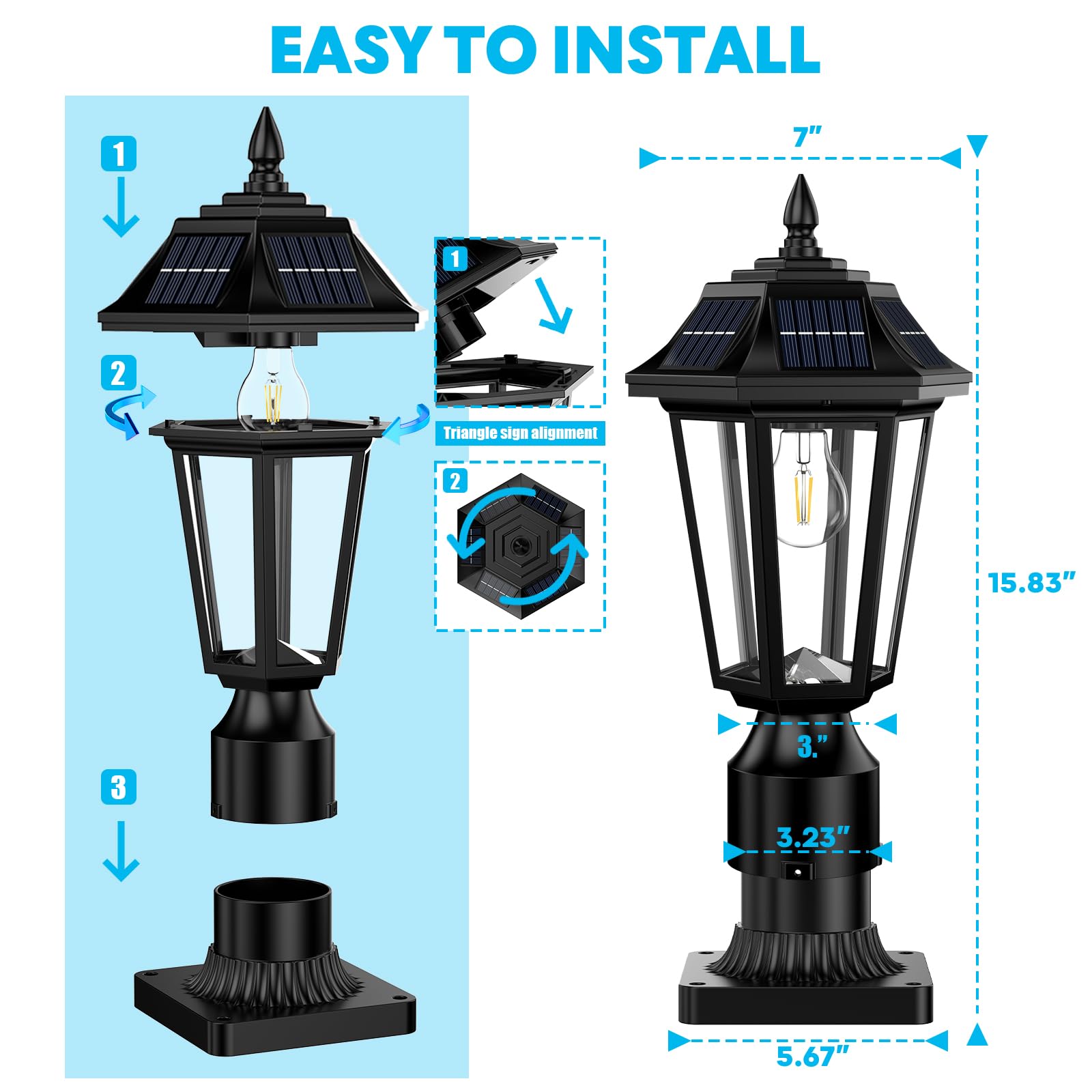 Hameso Solar Post Lights With Mount Base, Outdoor Solar Lamp Post Lights Waterproof - 3 Modes (6000K Cool White) With Motion Sen