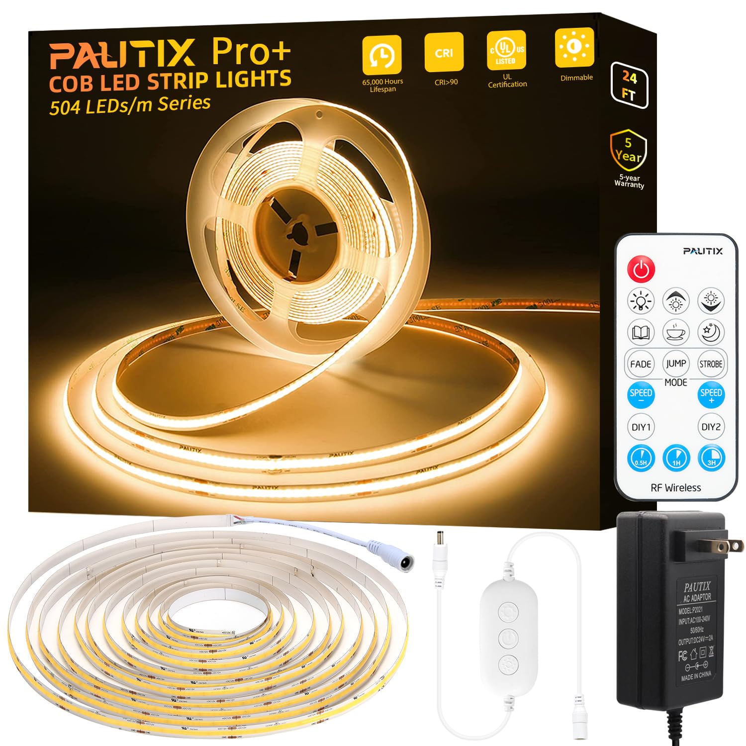 Pautix Cob Led Strip Light 2700K, 24Ft/7.5M Dimmable 3780Leds Dc24V Warm White Led Strip Light,High Lumen Tape Light With Rf Rem
