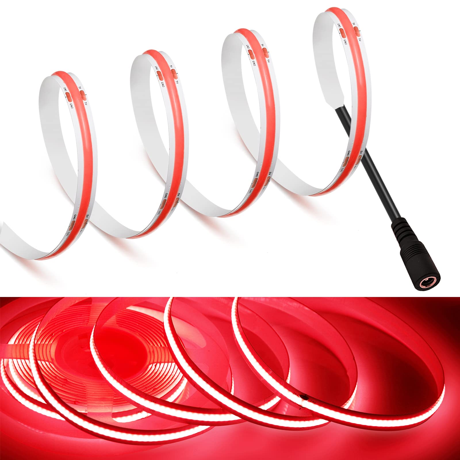 MDee?COB LED Band Lights Red 9.84ft/3m DC Powered DC12V Flexible LED Tape Lights with DC Connector CRI 90+ 800LM/m 320LEDs/m for Indoor and Outdoor D?cor(Red 9.84ft/3m)
