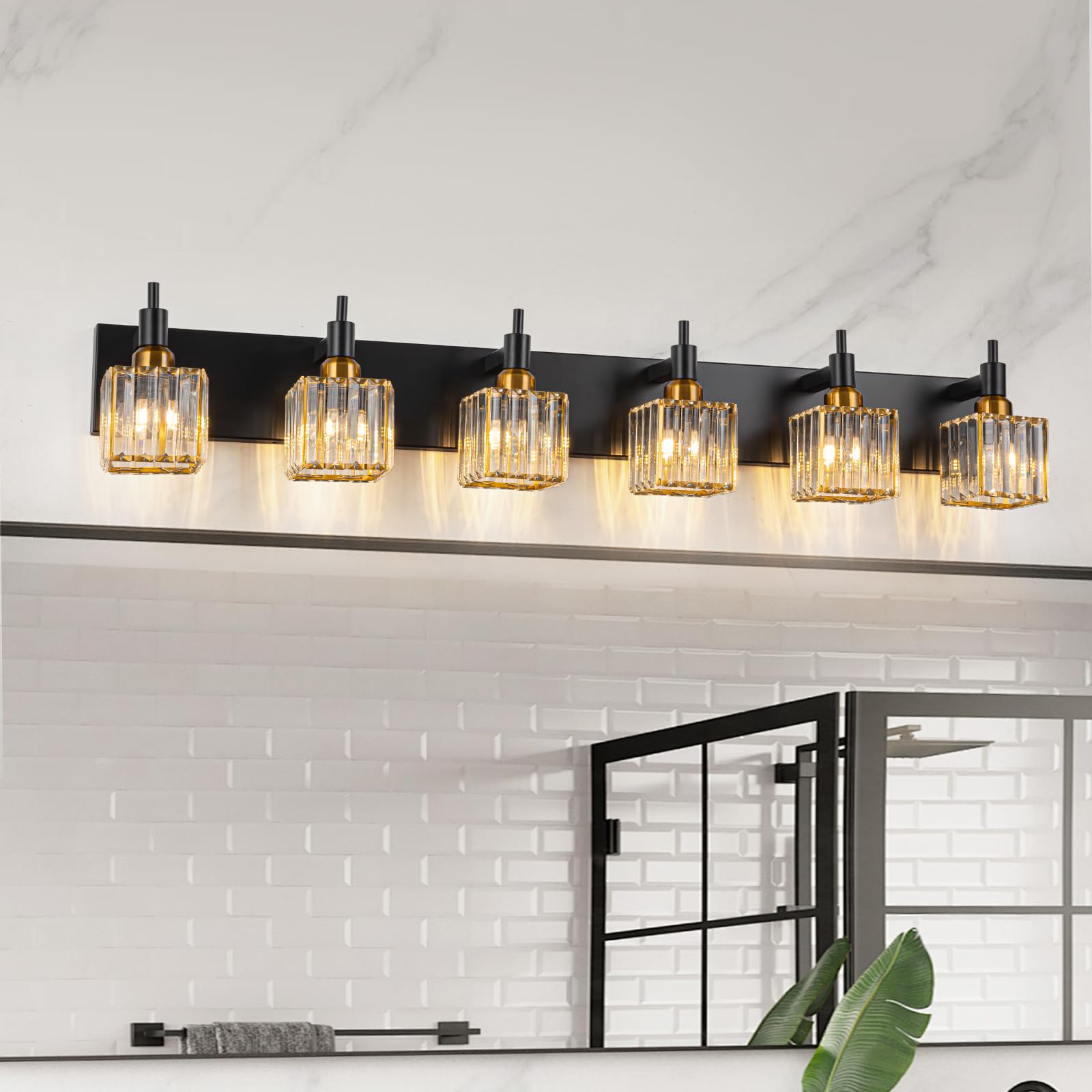 HUOKU 6-Lights Crystal Bathroom Vanity Light, Black Gold Metal Fixture, Modern Design Over Mirror
