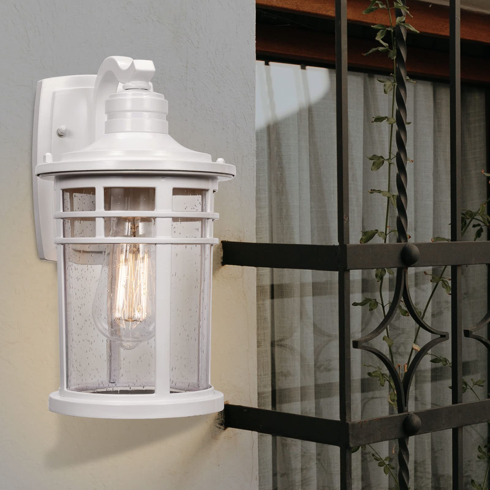 Darkaway Outdoor Porch Lights - Wall Mount Sconces, Waterproof Seeded Glass, Medium Size, White, Model 6X20B WH, 1 Pack