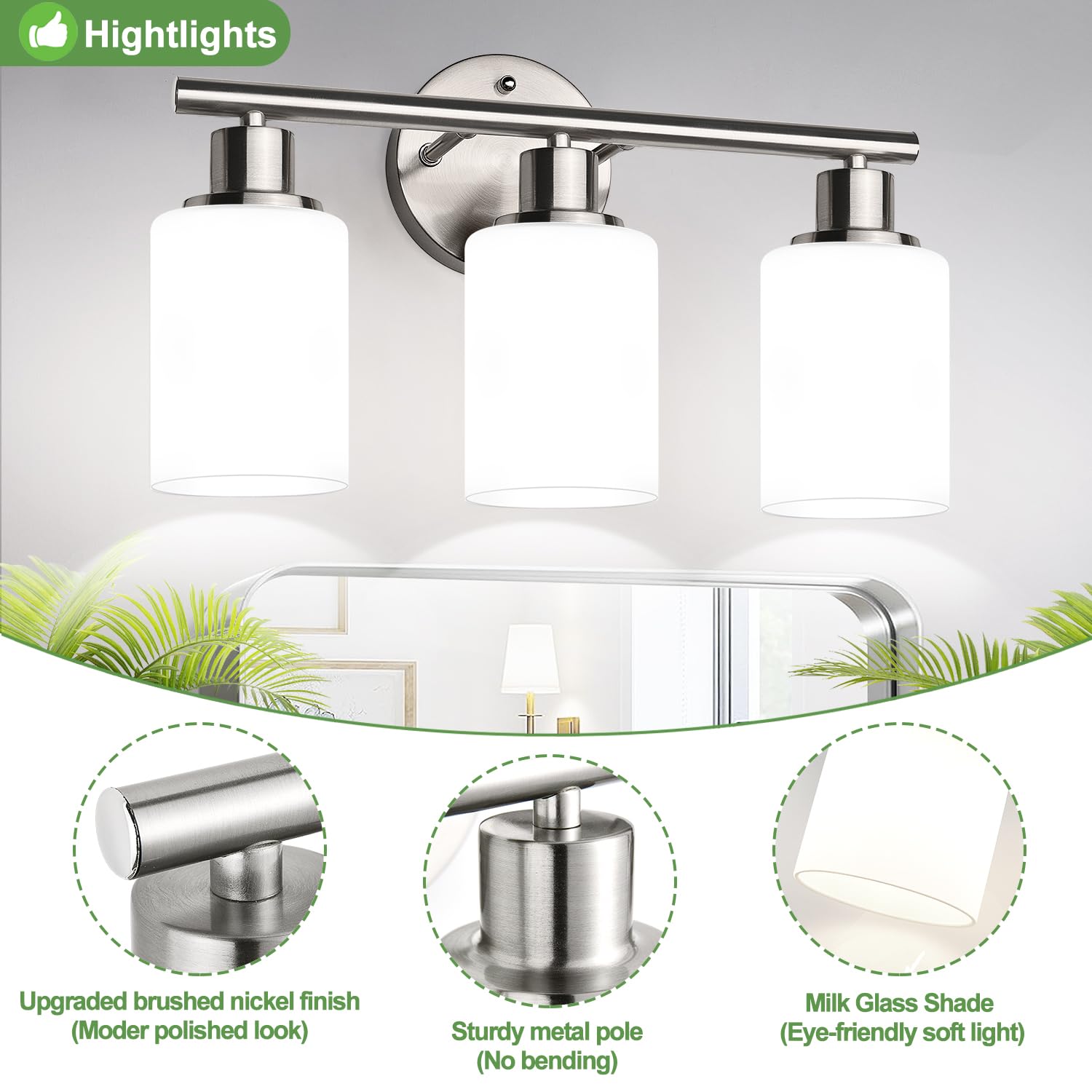 Zarbitta 3-Light Bathroom Light Fixtures, Brushed Nickel Vanity Light, Farmhouse Wall Lights With Milky White Frosted Glass Shad