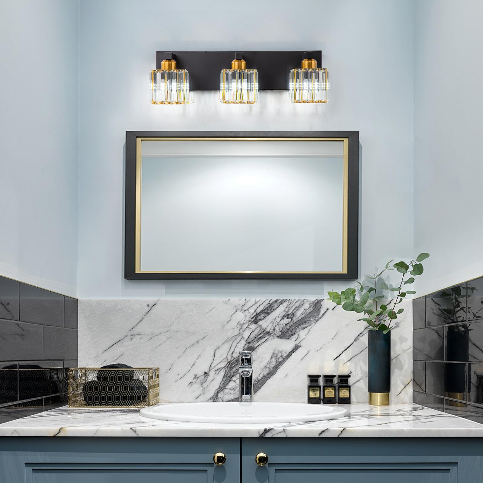 Huoku Black Gold Crystal Bathroom Vanity Light - 3-Lights Modern Bathroom Lighting Fixtures Over Mirror, Wall Light