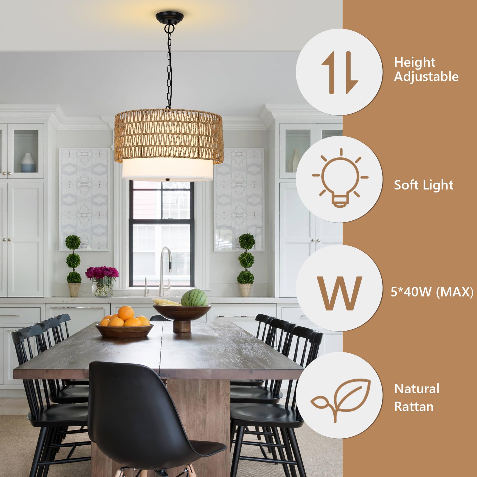 PAUFUL 5-Light Rattan Boho Chandelier - Hand Woven Fabric Shade, Rustic Dining Room Light Fixture for Kitchen, Bedroom, Hallway