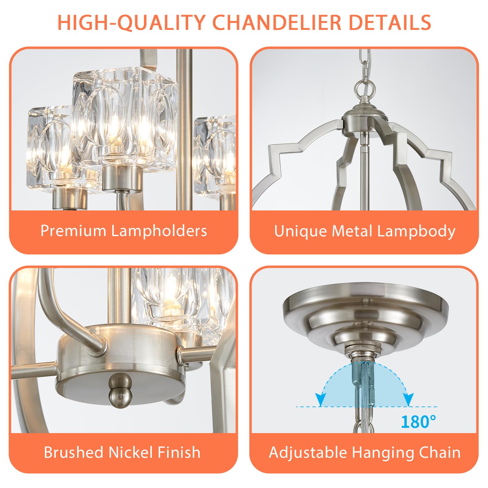 Majhoiw Brushed Nickel Chandelier - 4-Light Modern Farmhouse Pendant Lighting for Dining Room, Living Room, and Kitchen Island