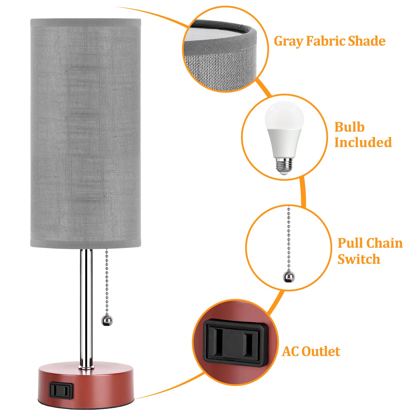 Dott Arts Table Lamp, 3-Color Bedside Lamp with Pull Chain, 15 in, Grey-Brown, Model DK-002, Metal, Bulb Included