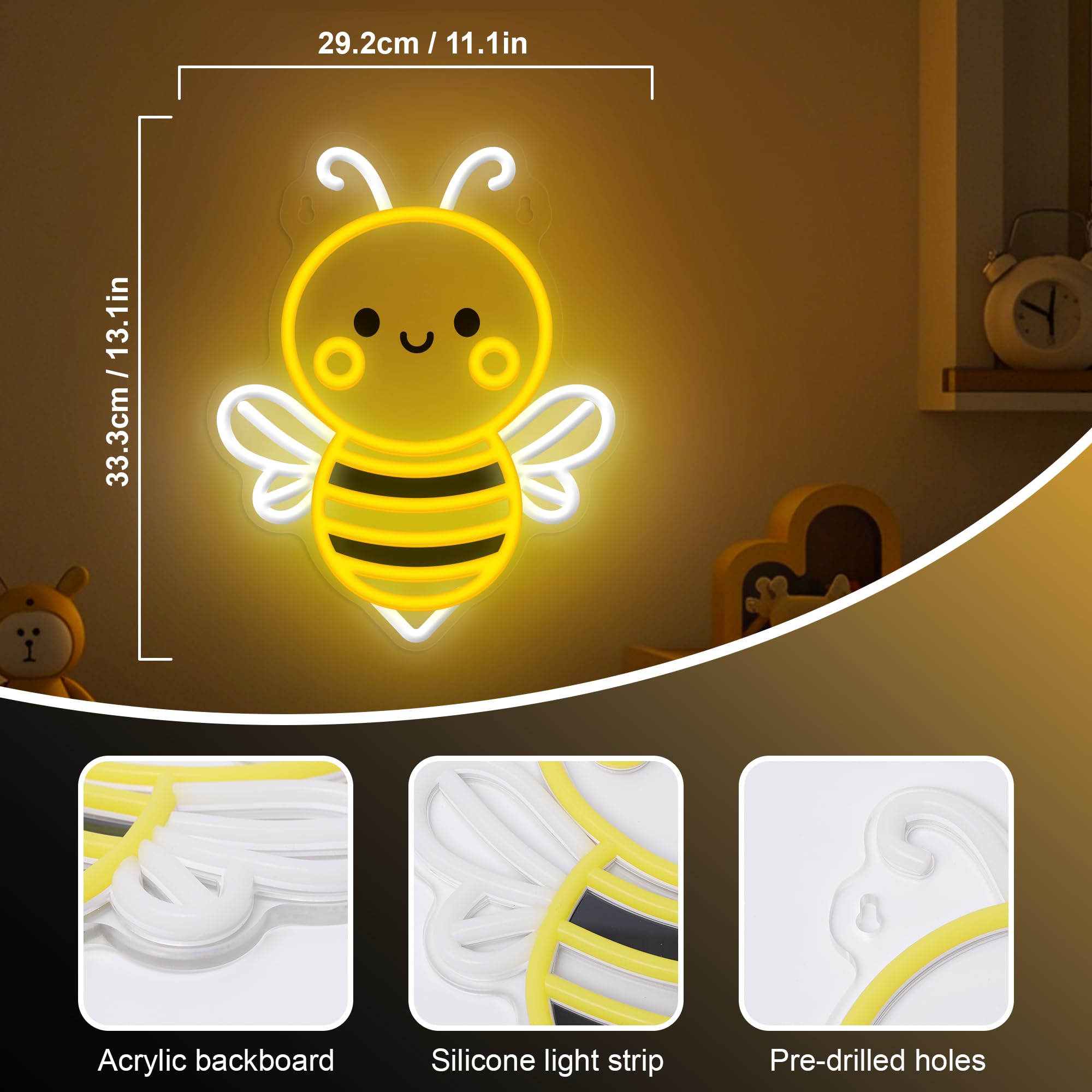 OkiyiD Bee Neon Sign Wall Art - USB-Powered, Energy-Saving Light, 11.8"x11.8", Perfect for Bedroom, Living Room, Office, and Garden