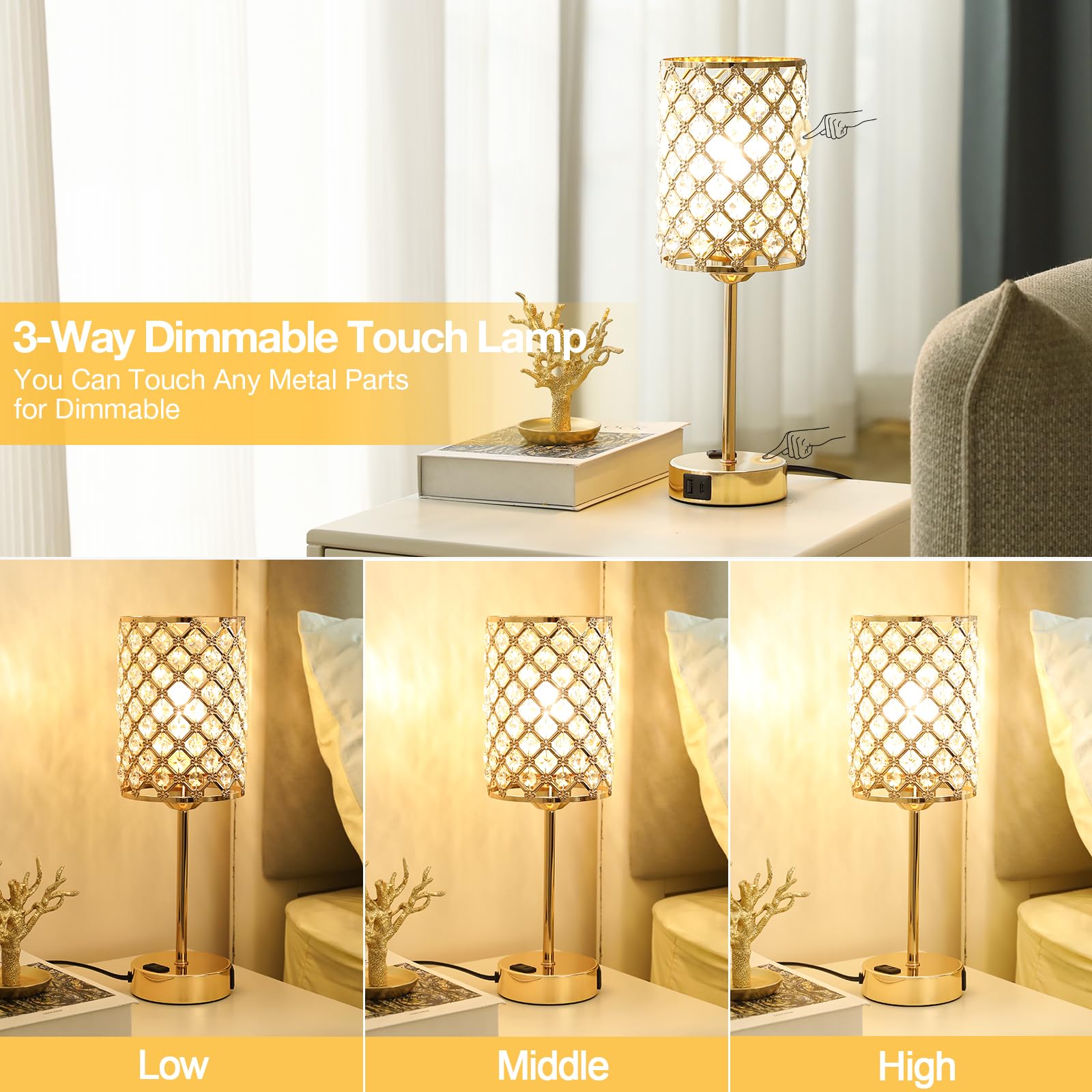 Gold Lamp For Nightstand-Crystal Table Lamp With Usb-C+A & Ac Charging Ports, 3-Way Dimmable Nightstand Touch Lamp, Bedside Desk