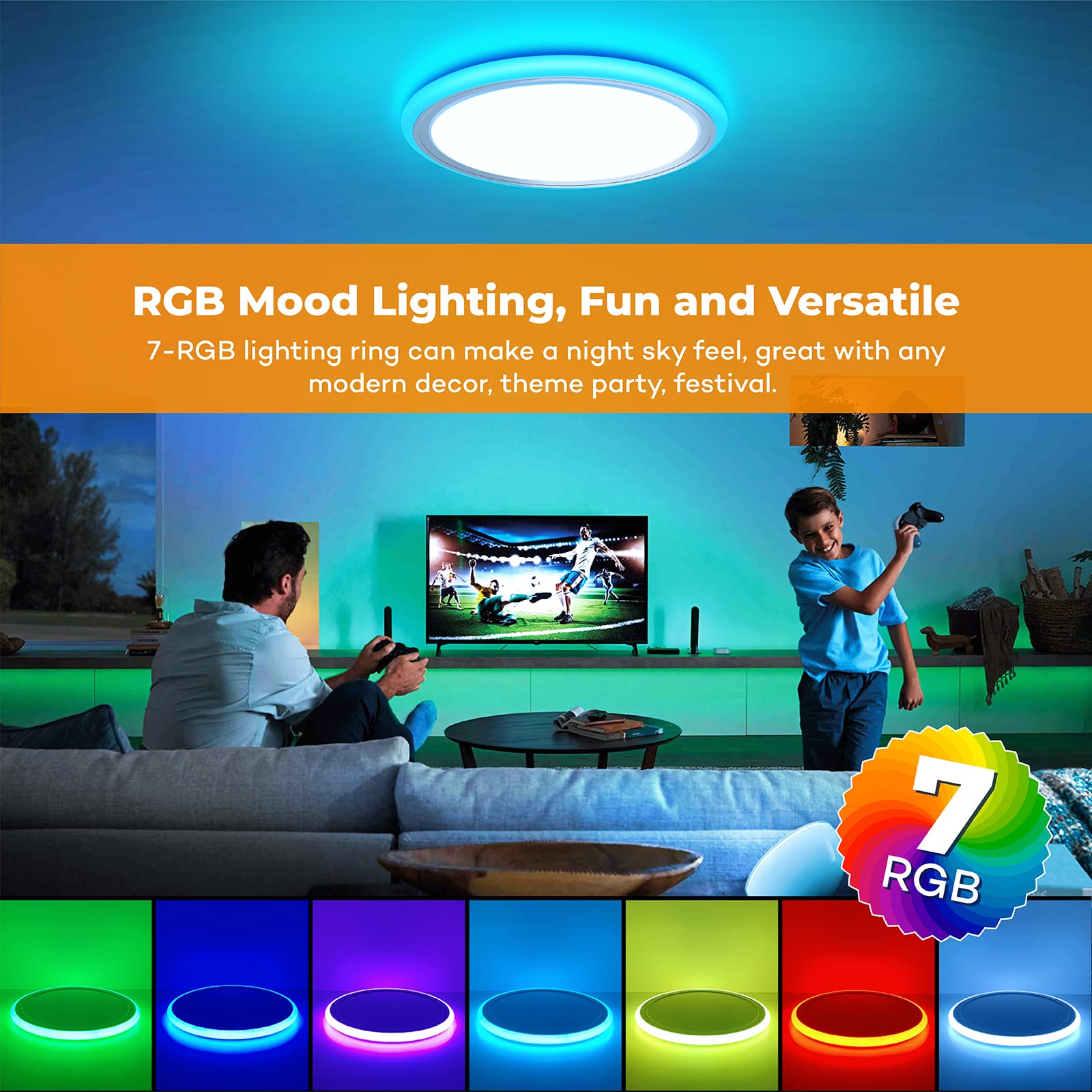 BLNAN RGB LED Flush Mount Ceiling Light, 13 Inch, 24W, Dimmable Color Changing, Model 021-U, Plastic, Modern Design