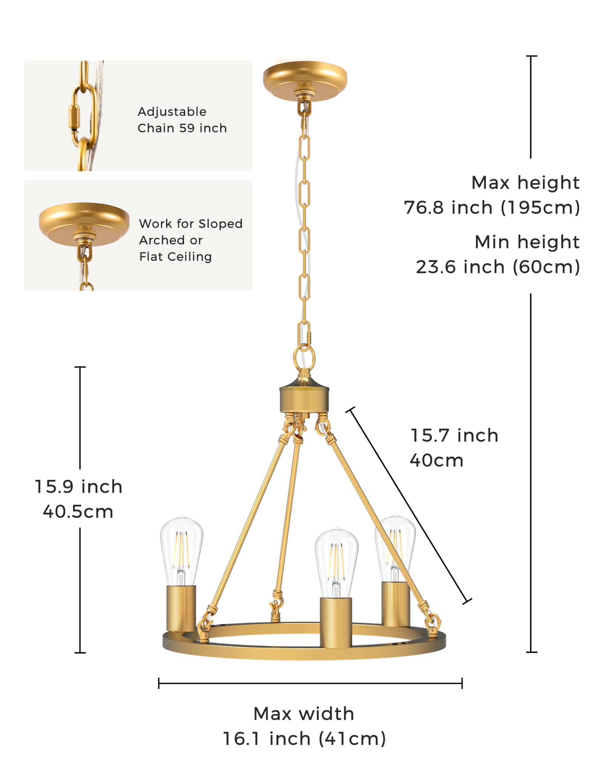 L Lohas Led Gold Farmhouse Chandeliers For Dining Room, 3-Light Wagon Wheel Chandelier Over Table, Height Adjustable, 16'' Dinin