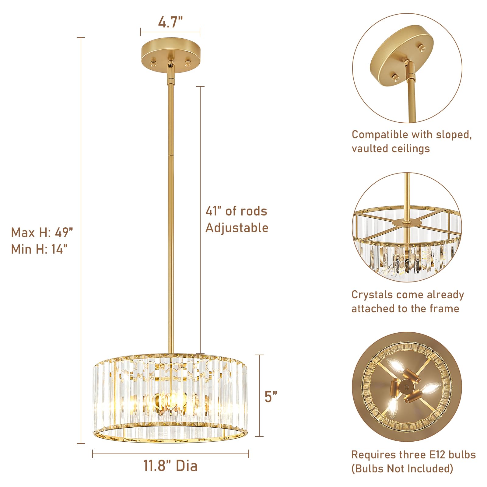 Yurnyq Gold Crystal Chandelier, Small Modern Semi Flush Mount Ceiling Chandelier Light Fixtures, Round Hanging Lighting Fixture
