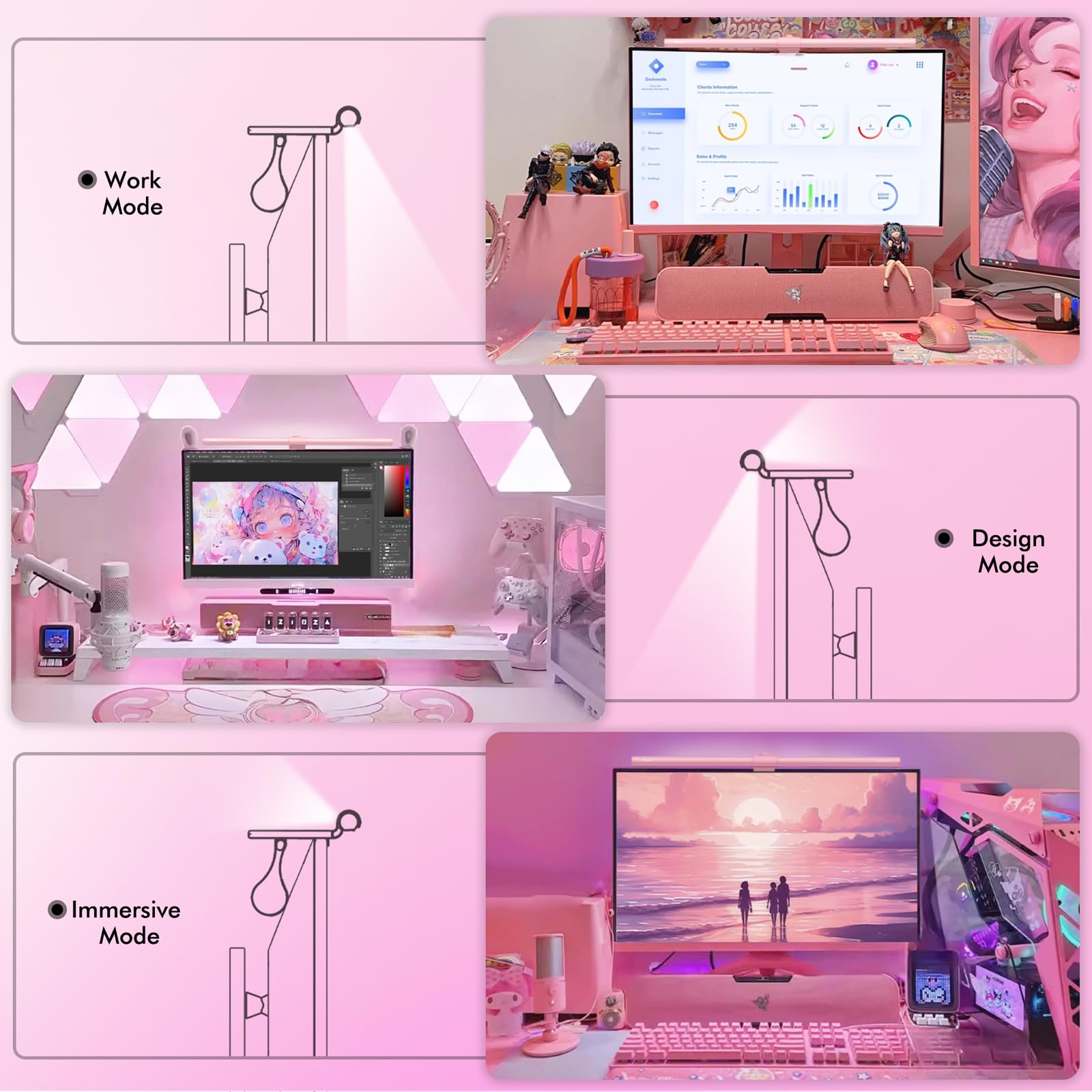 Quntis Pink Monitor Light Bar With Remote, Eye-Care Dimming Desk Lamp For Home Office & Gaming