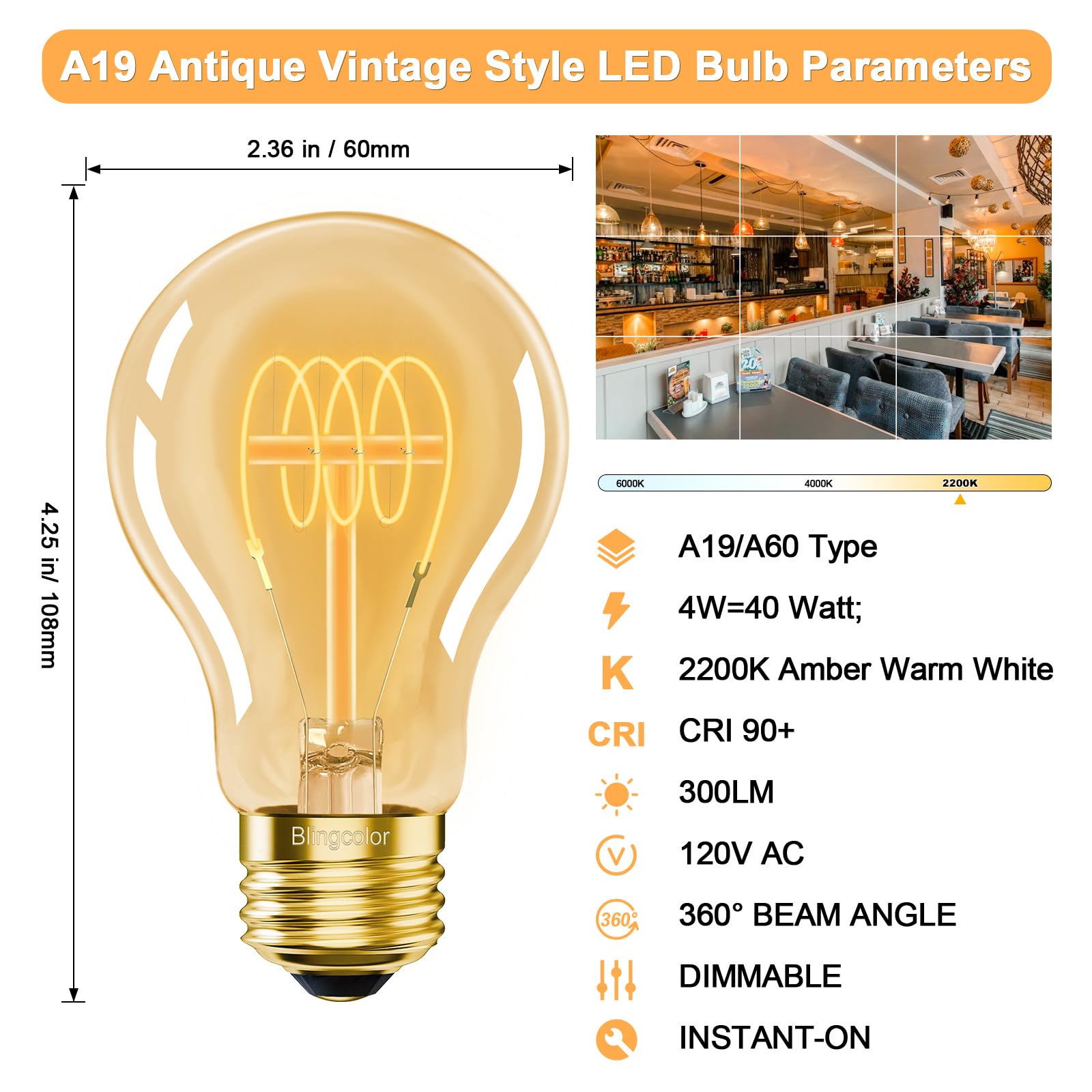 Blingcolor A19 Vintage Led Edison Light Bulbs 40 Watt, 4-Pack Dimmable A19 4W 2200K Amber Warm Light Bulbs, E26 Base, 4W Equal 4