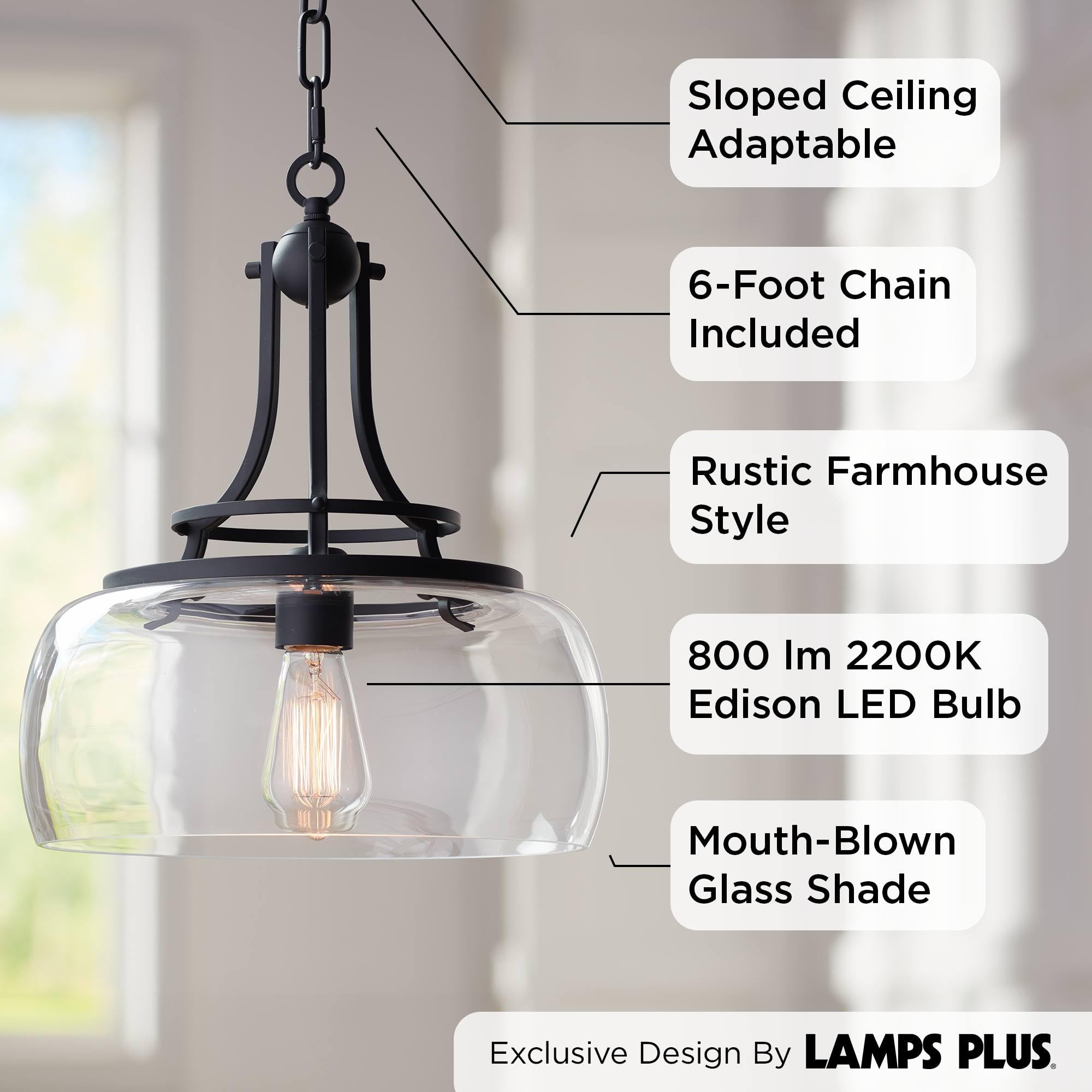 Franklin Iron Works Pendant Light - Black Metal & Clear Glass, 13.5" Wide, 16" High, Farmhouse Style for Kitchen, Living Room, Dining Room