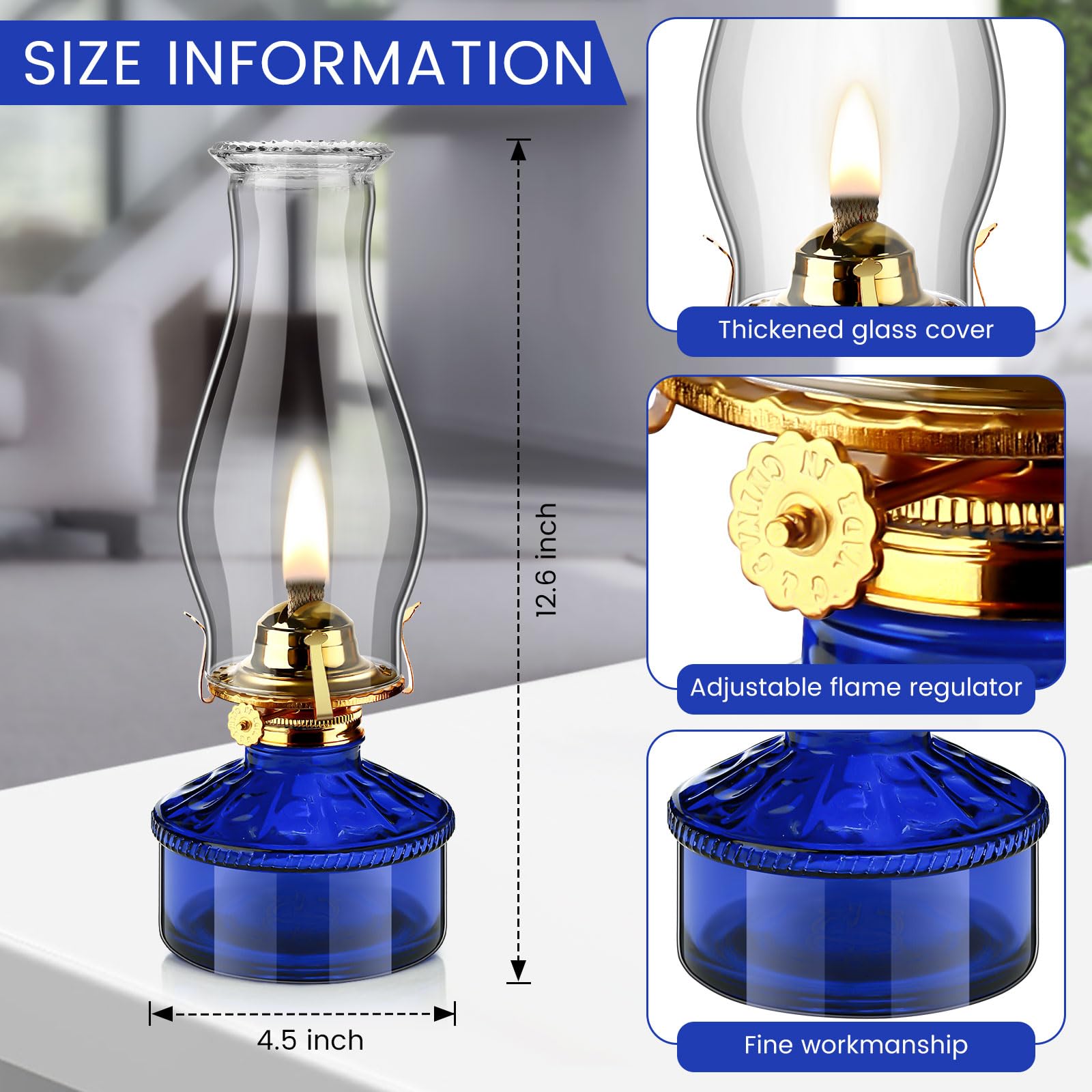 Tuanse 2 Pcs Oil Lamps For Indoor Use Vintage Hurricane Emergency Glass Oil Lamps Large Lantern Classic Decorative Oil Lamp For Home Tabletop Emergency Lighting Supplies (Royal Blue)