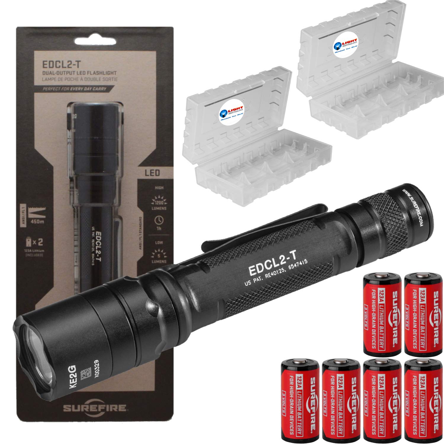 SureFire EDCL2-T 1200 Lumen Tactical EDC Flashlight Bundle with 6 Extra Surefire CR123 Batteries and 2 Lightjunction Battery Cas