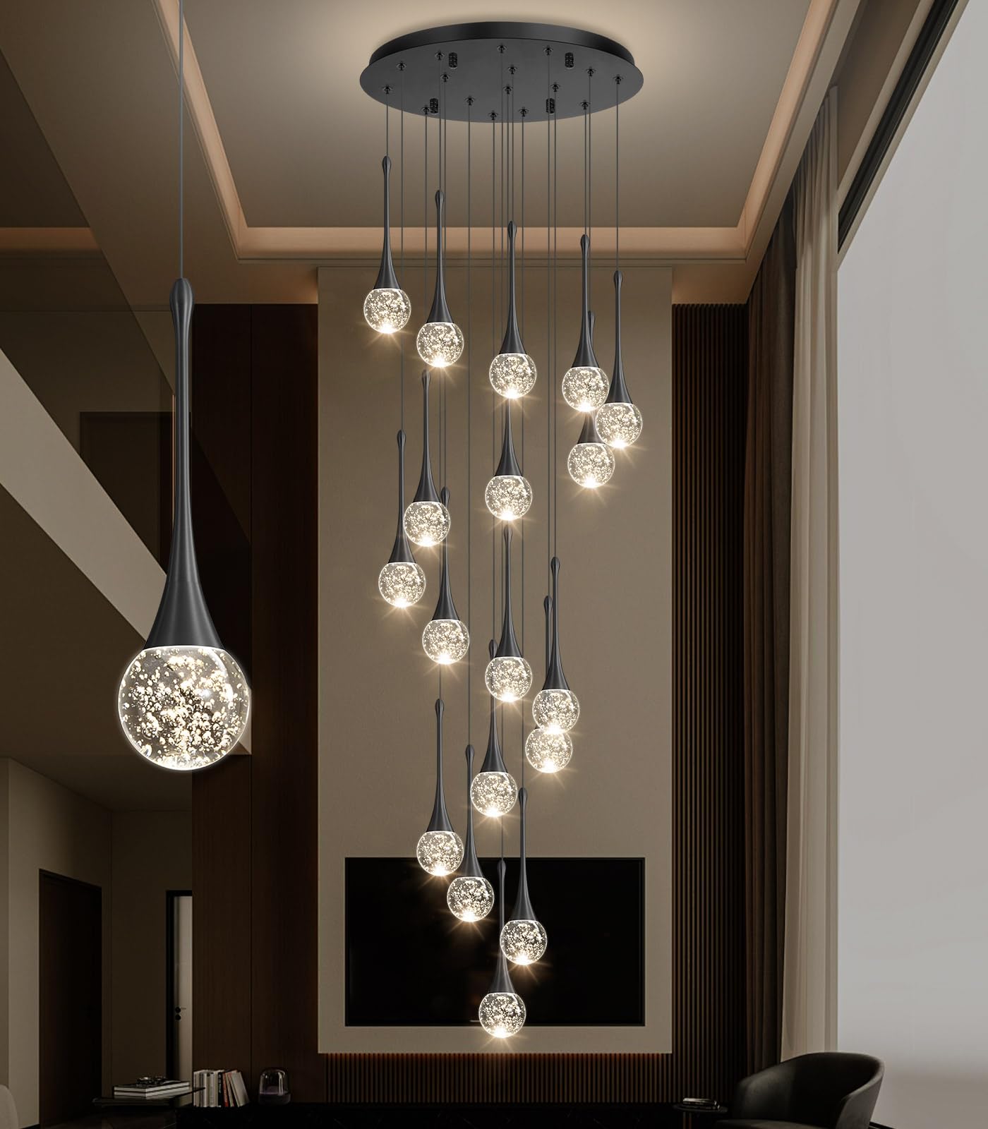 Cenozo 18-Light Modern Crystal Chandelier, LED Dimmable, Antique Black, Metal, Model RS2037-18B, Ideal for High Ceilings and Living Rooms