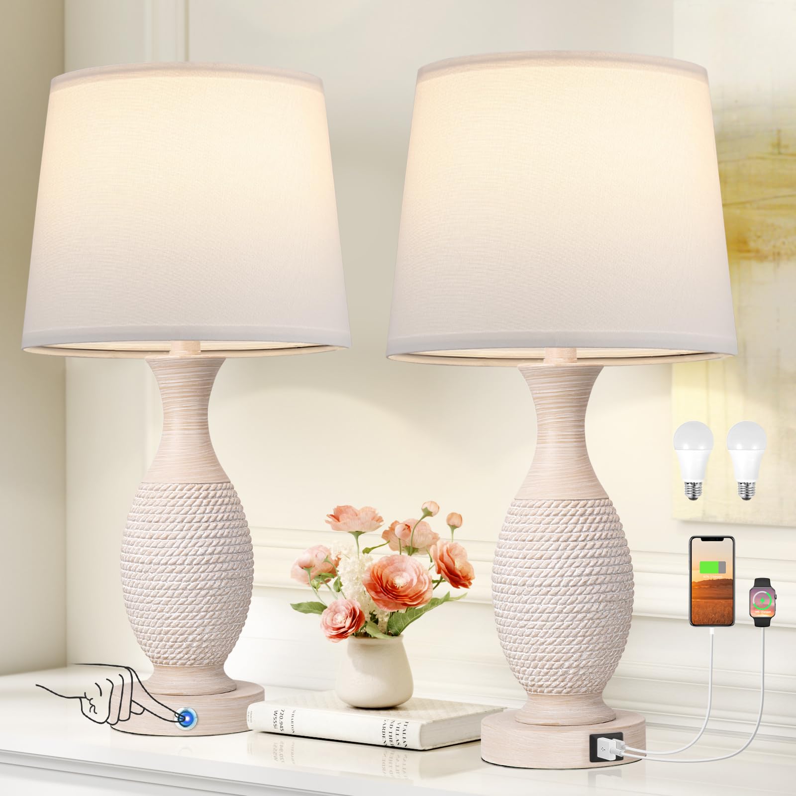 Seealle Bedside Lamps Set of 2 with USB C+A - Dimmable Touch Lamps for Night Stands Bedroom Living Room End Table(Bulbs Included