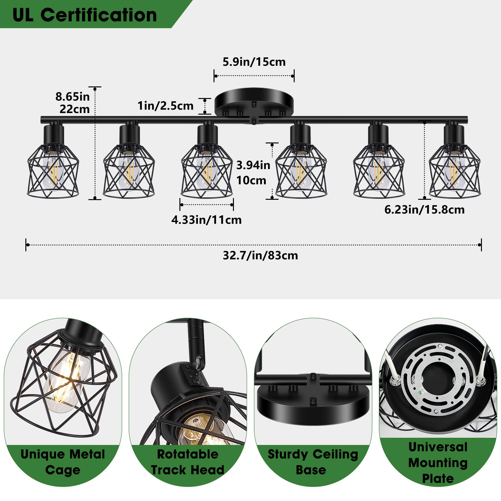 Baocuz 6-Light Black Semi Flush Mount Ceiling Light, Rotatable Metal Track Fixture for Living Room, Dining Table, Foyer