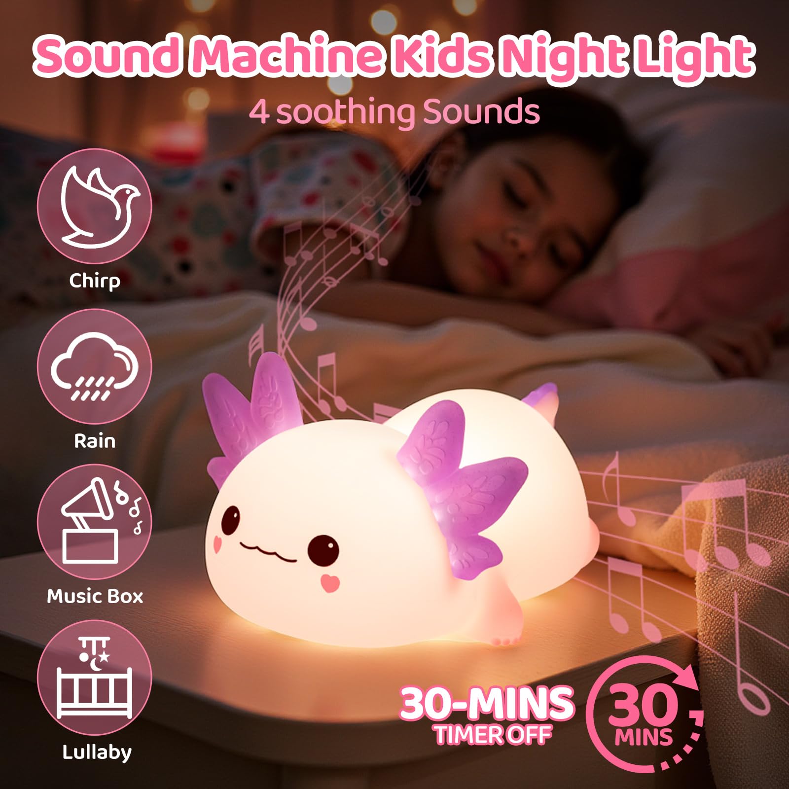 Mewaii Huggwaii Squishy Axolotl Night Light for Kids - Dimmable Silicone Axolotl Lamp with 4 White Noise, 2025 Upgraded Design,