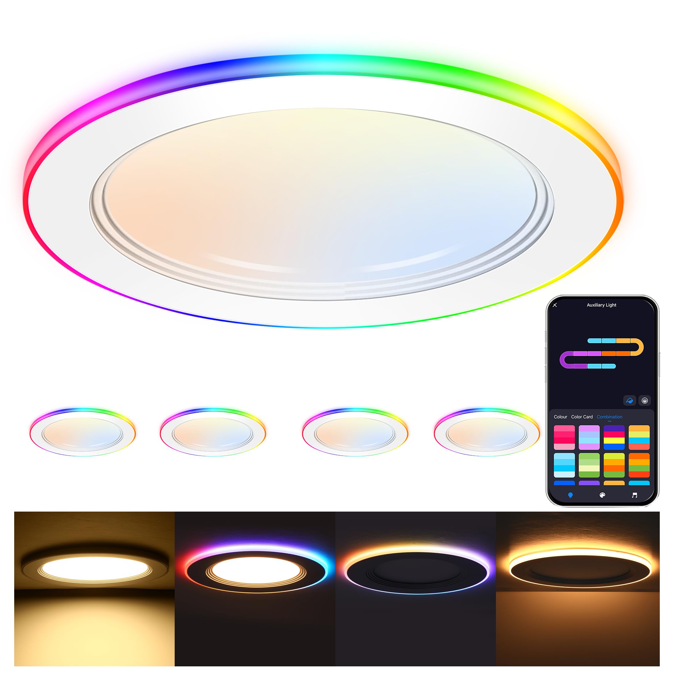 CLOUDY BAY [4 Pack] 6 Inch RGB Smart Recessed Lighting with Gradient Accent Light and Night Light,2700K~6500K,15W Recessed Light