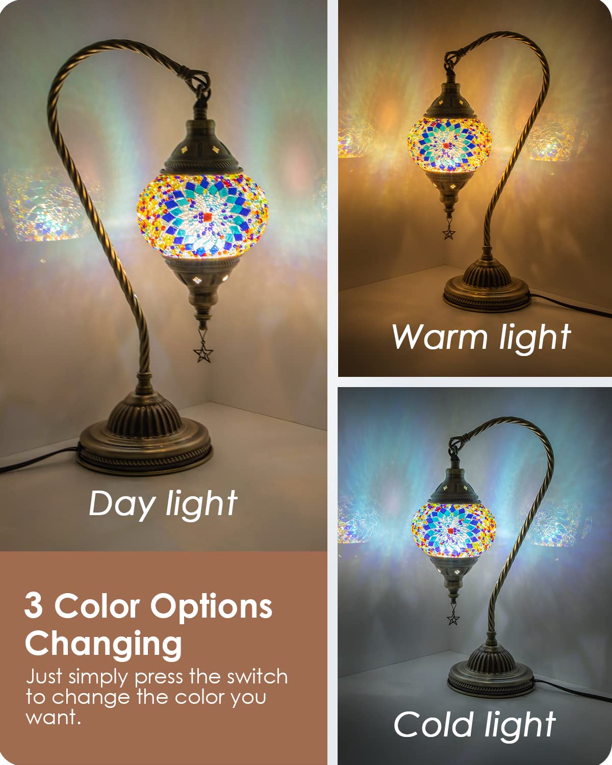 Yarra-Decor Turkish Moroccan Lamp, Handmade Tiffany Mosaic Glass, 1-Pack, Blue1, Bronze Base, LED Bulb Included